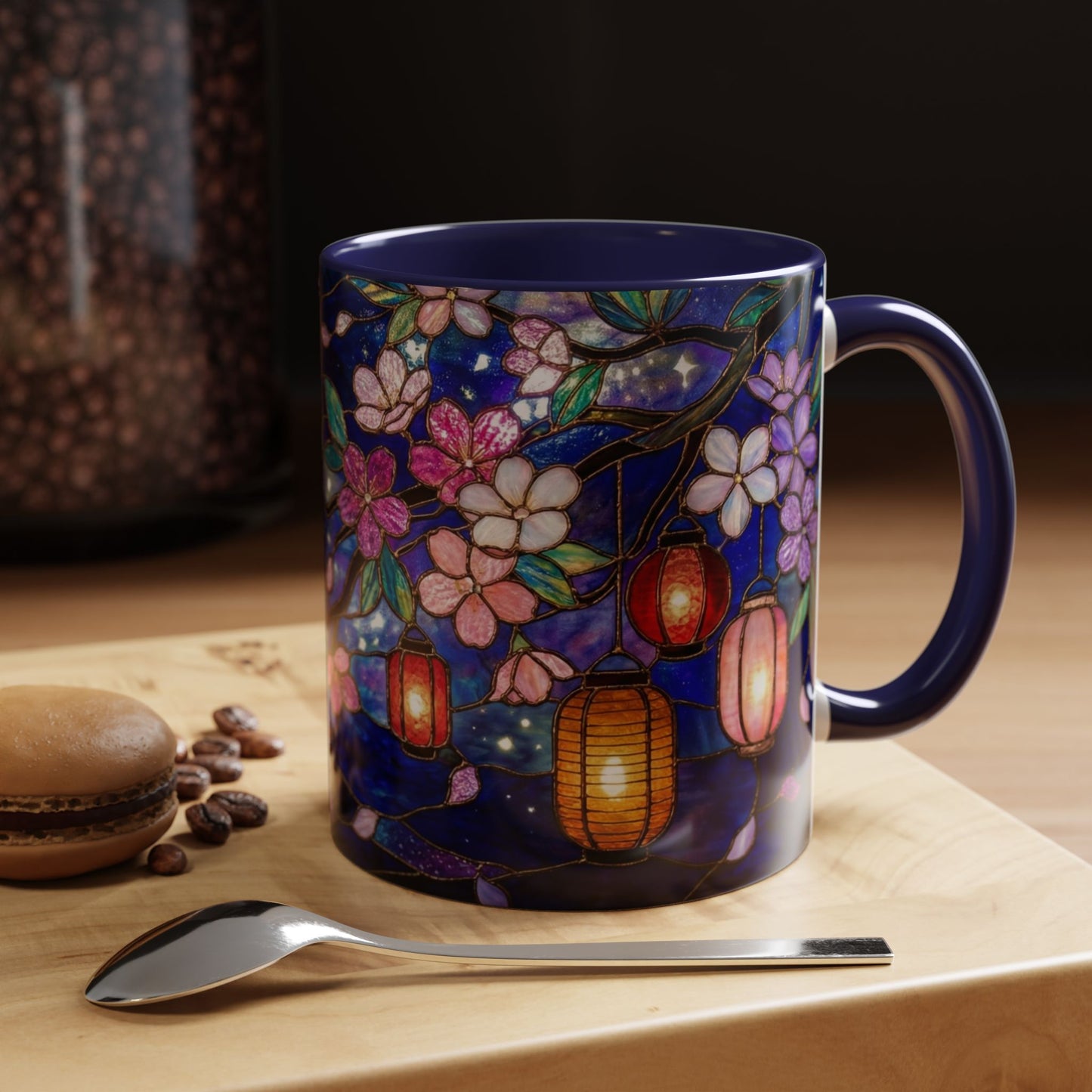 Cherry Blossom Lantern Coffee Mug — Floral Night Sky, Stained Glass Design (11/15 oz) - 14533