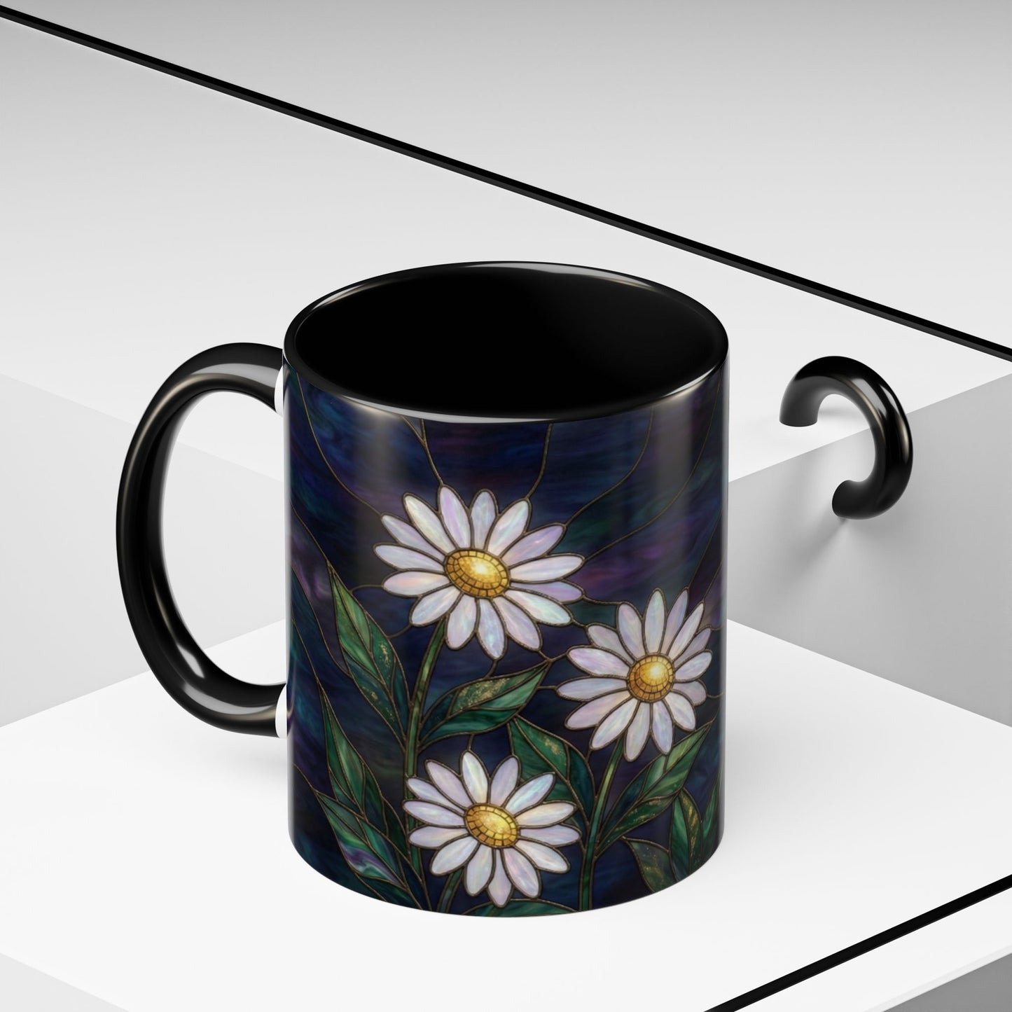Daisy Stained Glass Accent Coffee Mug — White Daisies on Midnight (11/15oz) - 14535