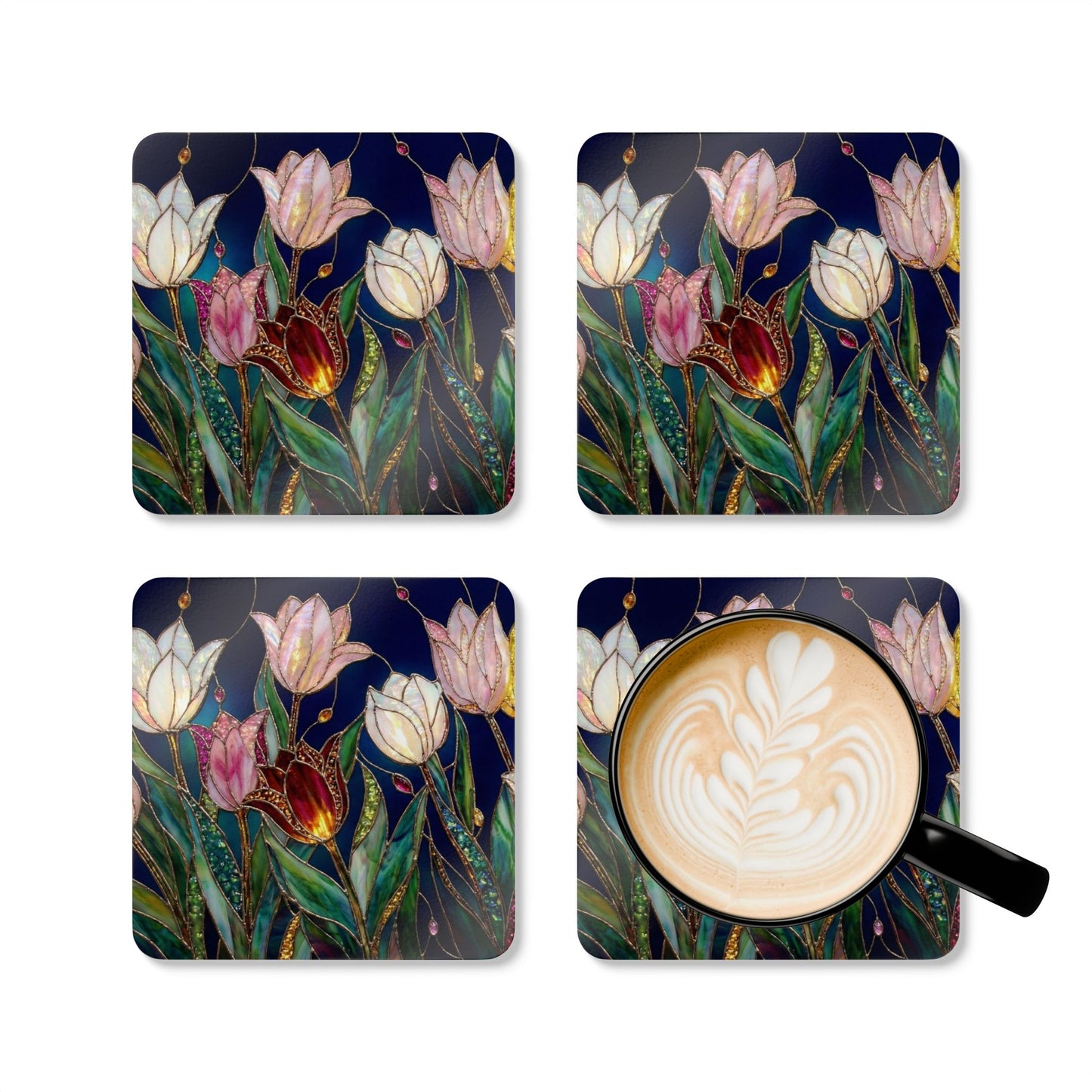Floral Stained-Glass Tulip Cork Coaster Set — 4-Pack Decorative Drink Coasters - 14593