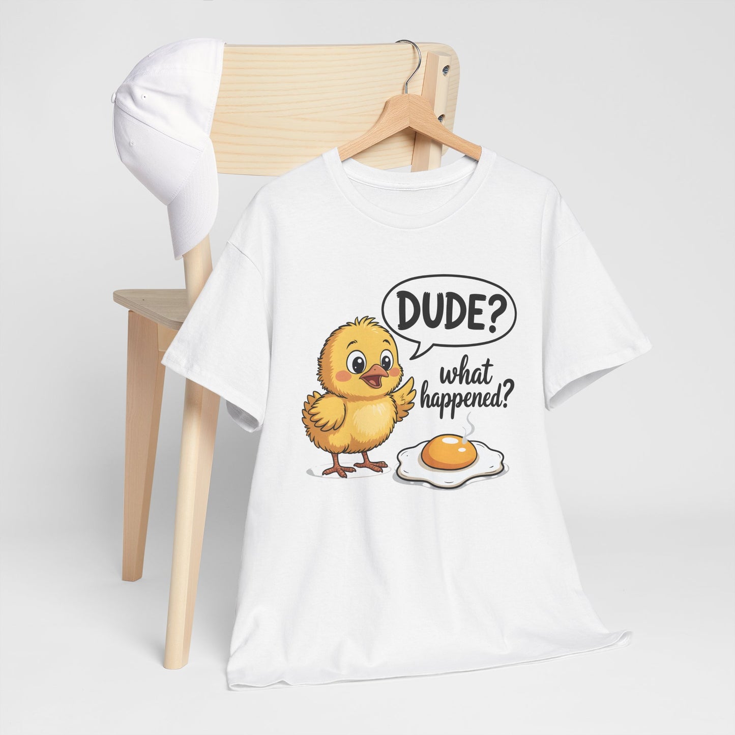 Funny Chicken T-Shirt – “Dude? What Happened?” Cute Chick & Egg Humor Tee Gift - 14849
