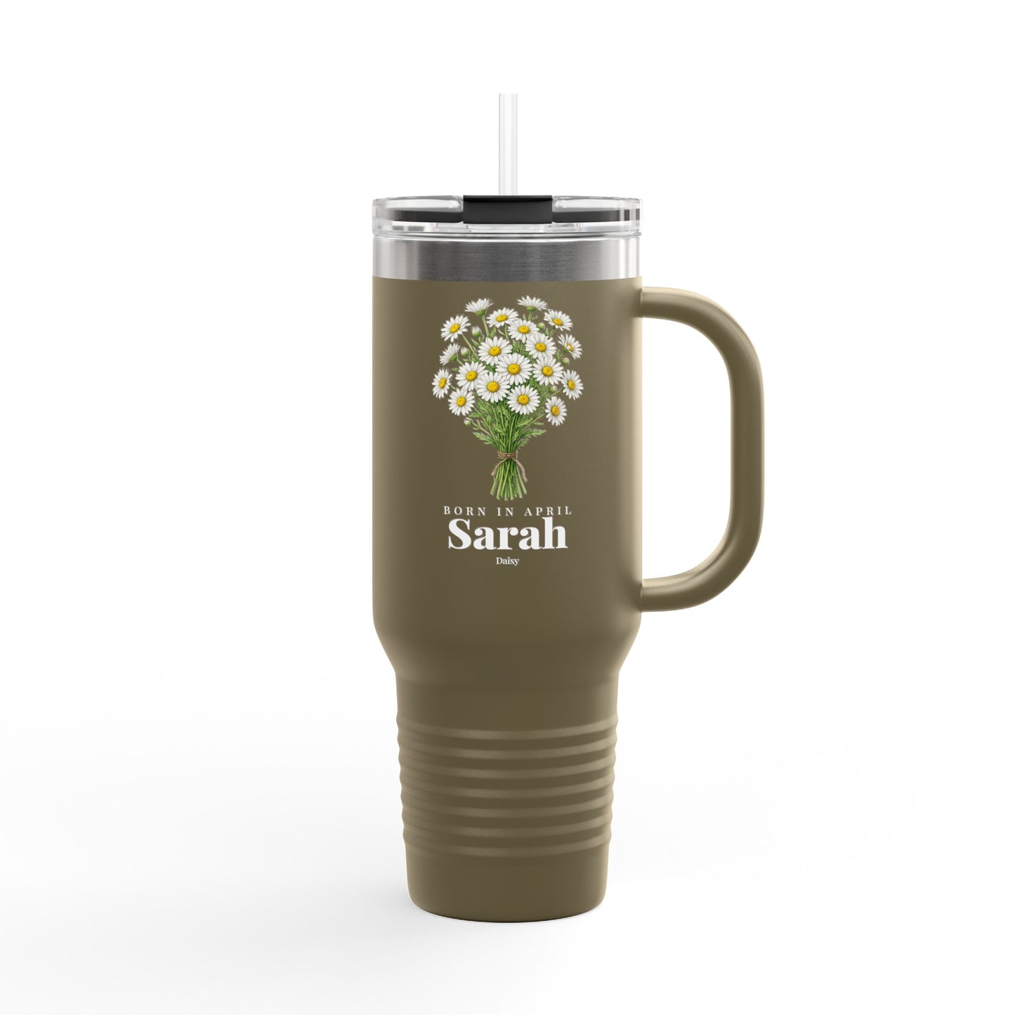 Personalized April Daisy Birth Flower 40oz Insulated Travel Mug – Custom Name Birthday Gift - 14837