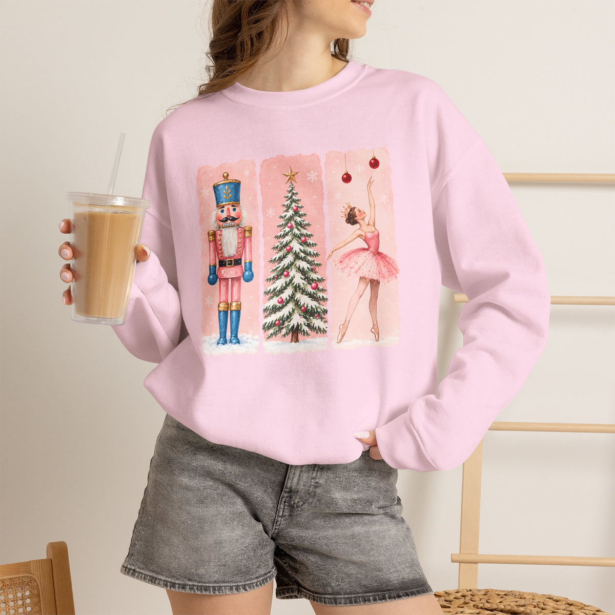 Christmas Nutcracker & Ballerina Sweatshirt, Vintage Pink Holiday Crewneck - 14568