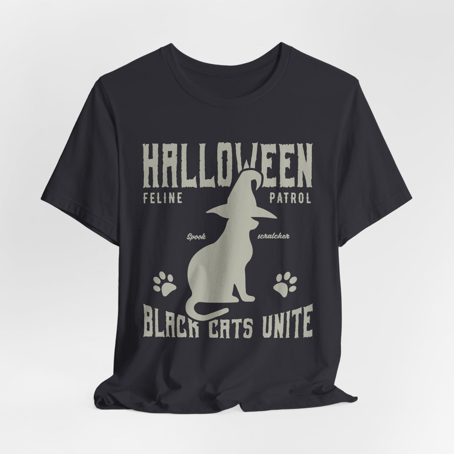 Halloween Feline Patrol, Spook Scratcher, Black Cats Unite  - Unisex Jersey Short Sleeve Tee - 12928