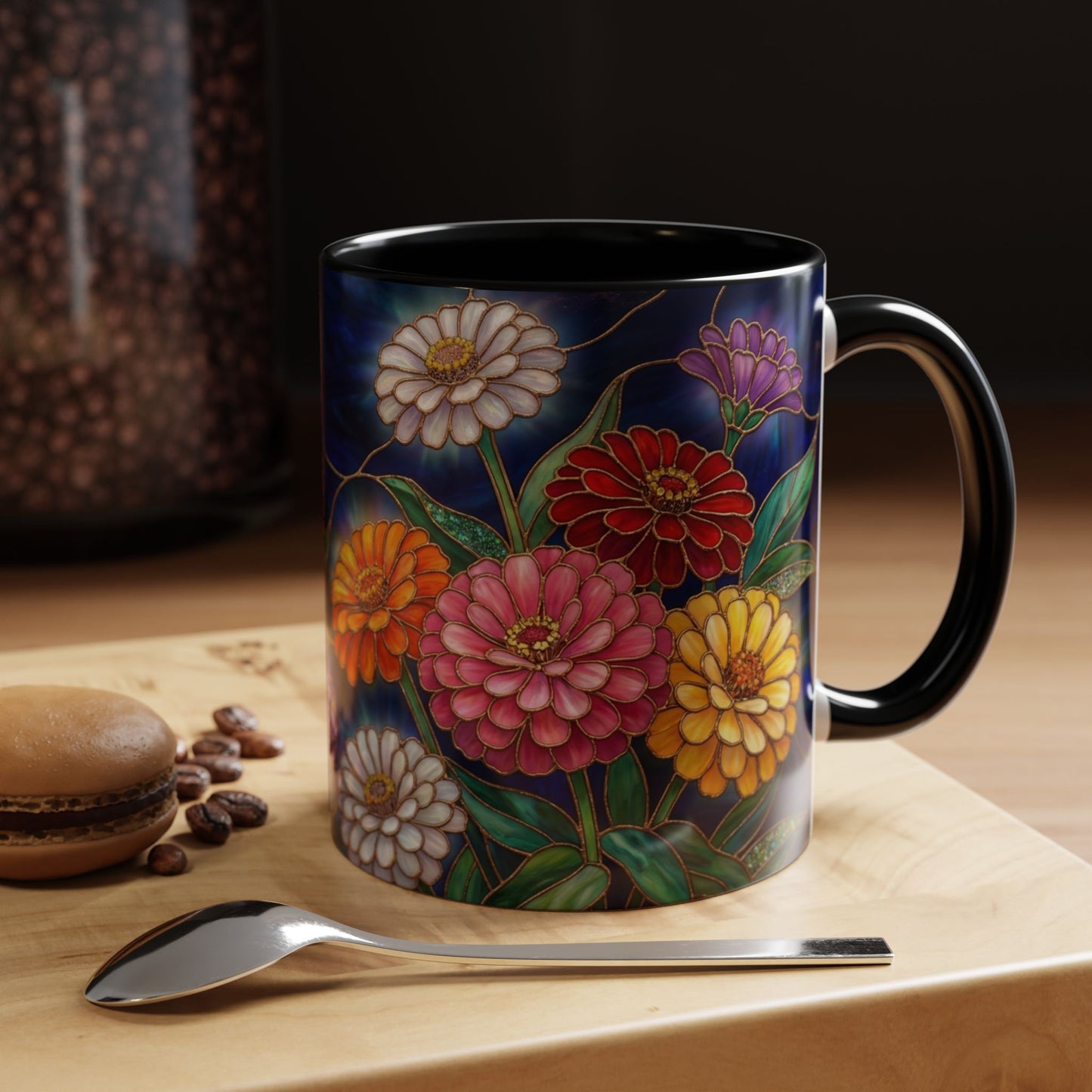 Zinnias Floral Accent Coffee Mug — Stained Glass Design 11/15oz - 14591
