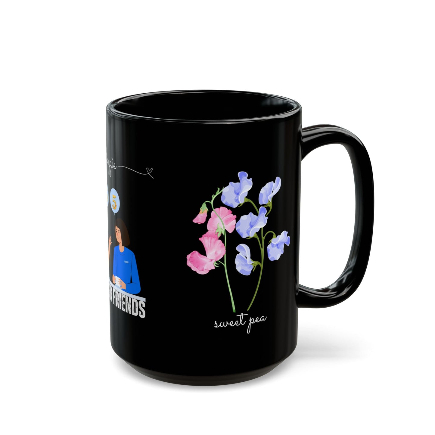 Happy Birthday, April, Featuring Daisy and Sweet Pea - Customizable - Ceramic Black Mug (11oz, 15oz) - 10480