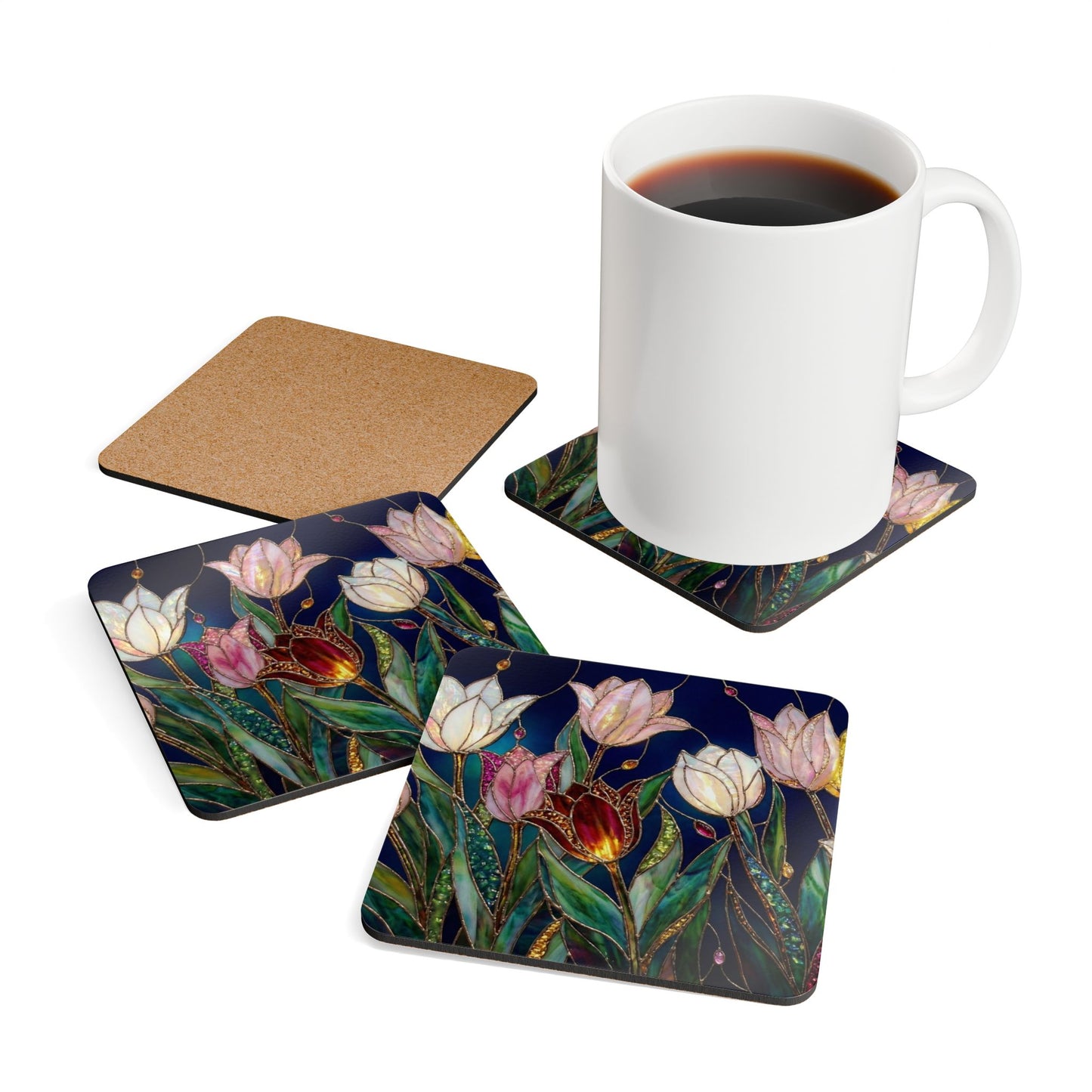 Floral Stained-Glass Tulip Cork Coaster Set — 4-Pack Decorative Drink Coasters - 14593