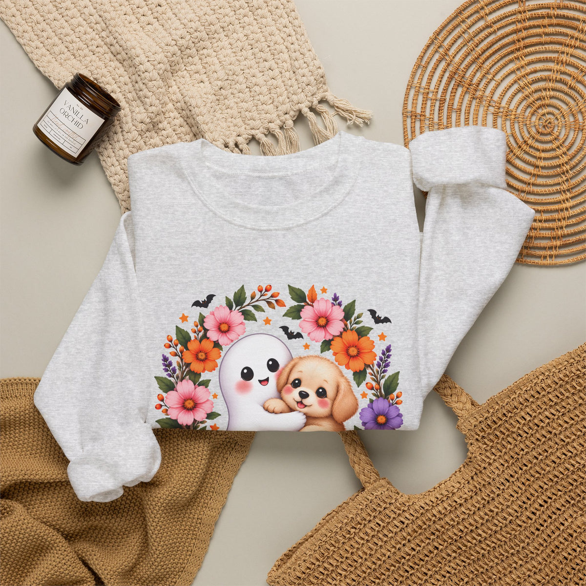 Cute Ghost & Puppy Halloween Sweatshirt,  Floral Crewneck - 14515