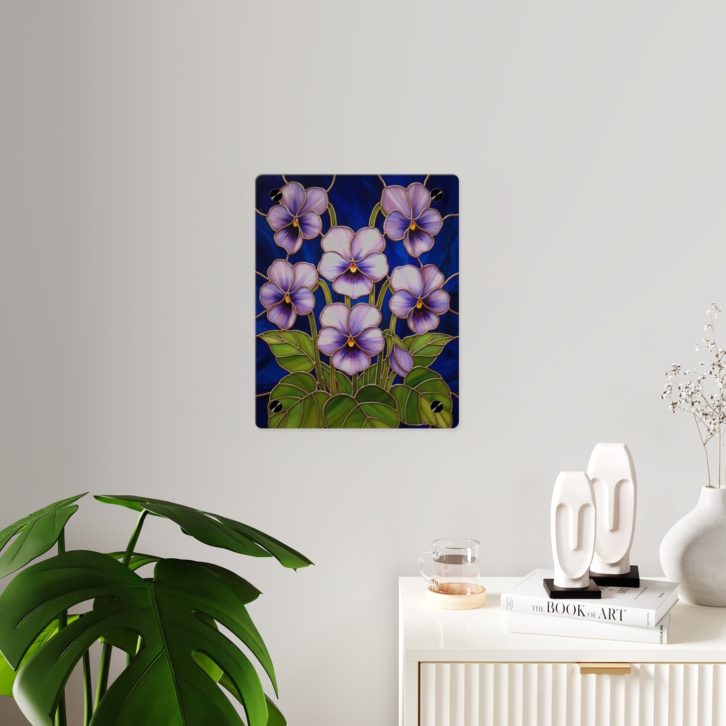 Violet Floral Acrylic Wall Art Panel — Purple Violets on Deep Blue - 14600