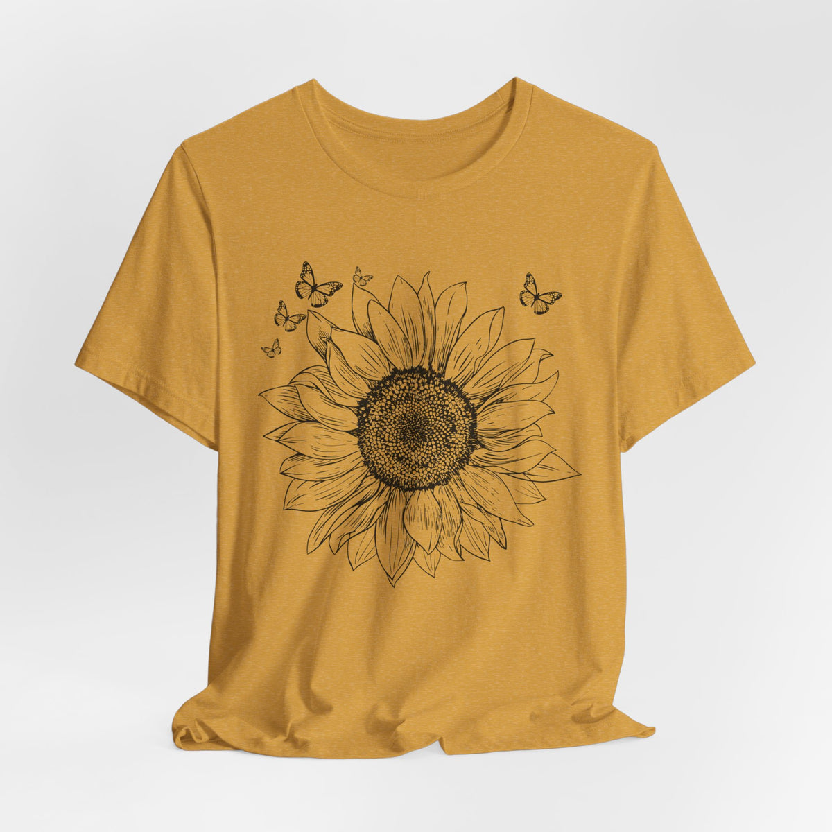 Sunflower Sketch T-Shirt, Vintage Botanical Sunflower & Butterfly Graphic Tee - 14982