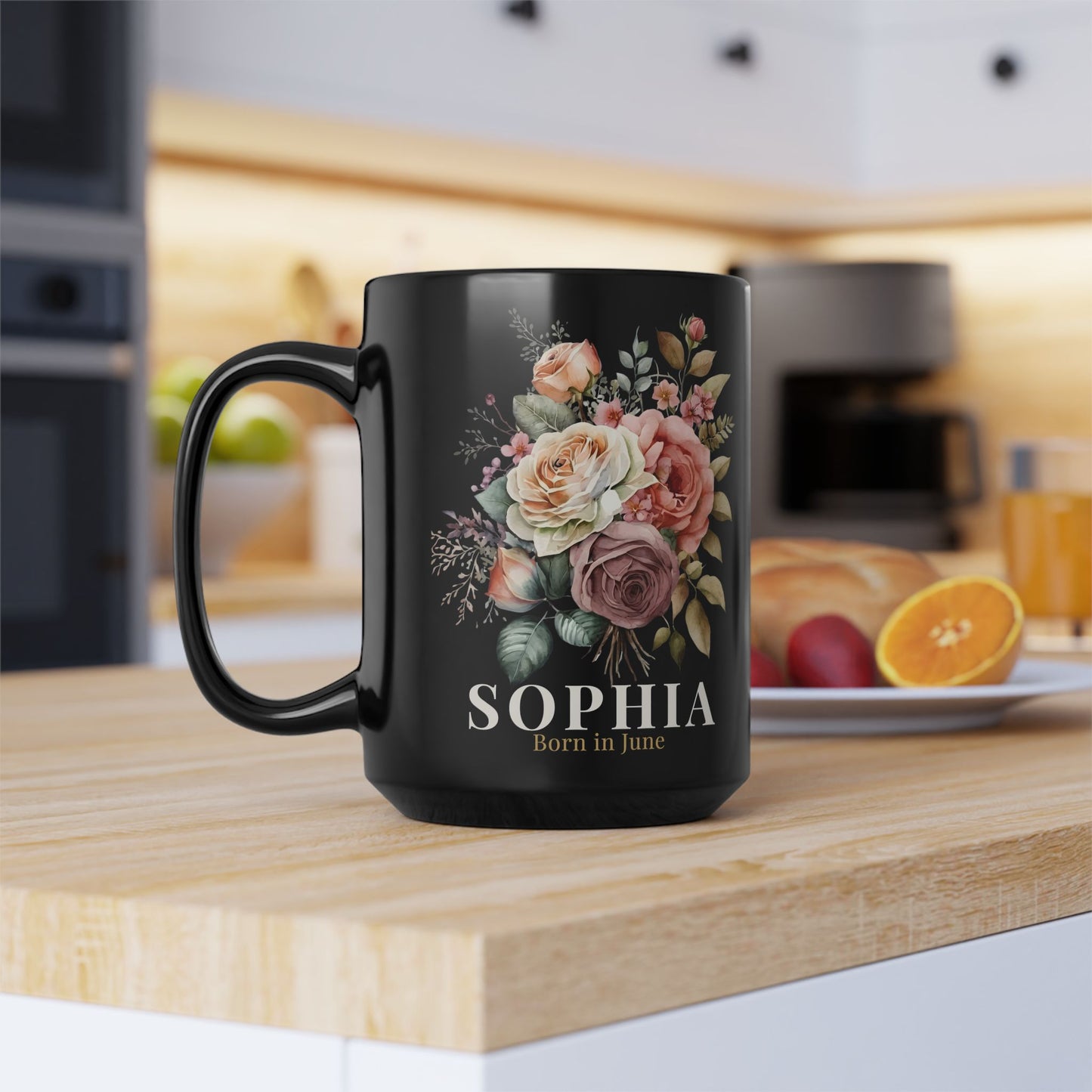 Custom Born in June Mug – Personalized June Birthday Floral Rose Coffee Cup, Black Ceramic Mug 11oz 15oz - 14894