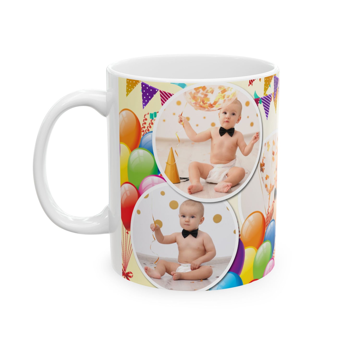 Personalized Birthday Ceramic Mug - Custom 1st Birthday Celebration Cup, Party Favor, Kid's Birthday Gift, Colorful Balloons, Fun Memories - 13997