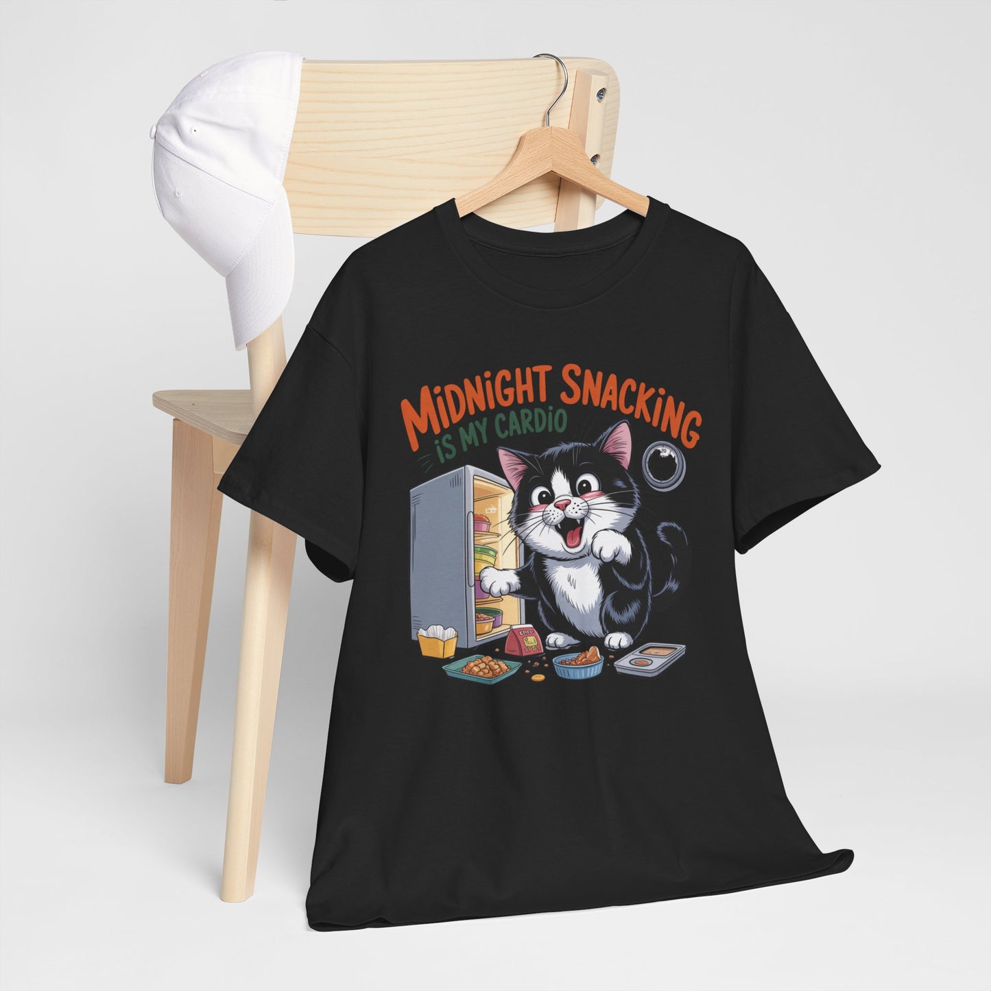 Midnight Snacking Is My Cardio T-Shirt — Funny Cat Graphic Tee, Cute Food Lover Gift - 14865