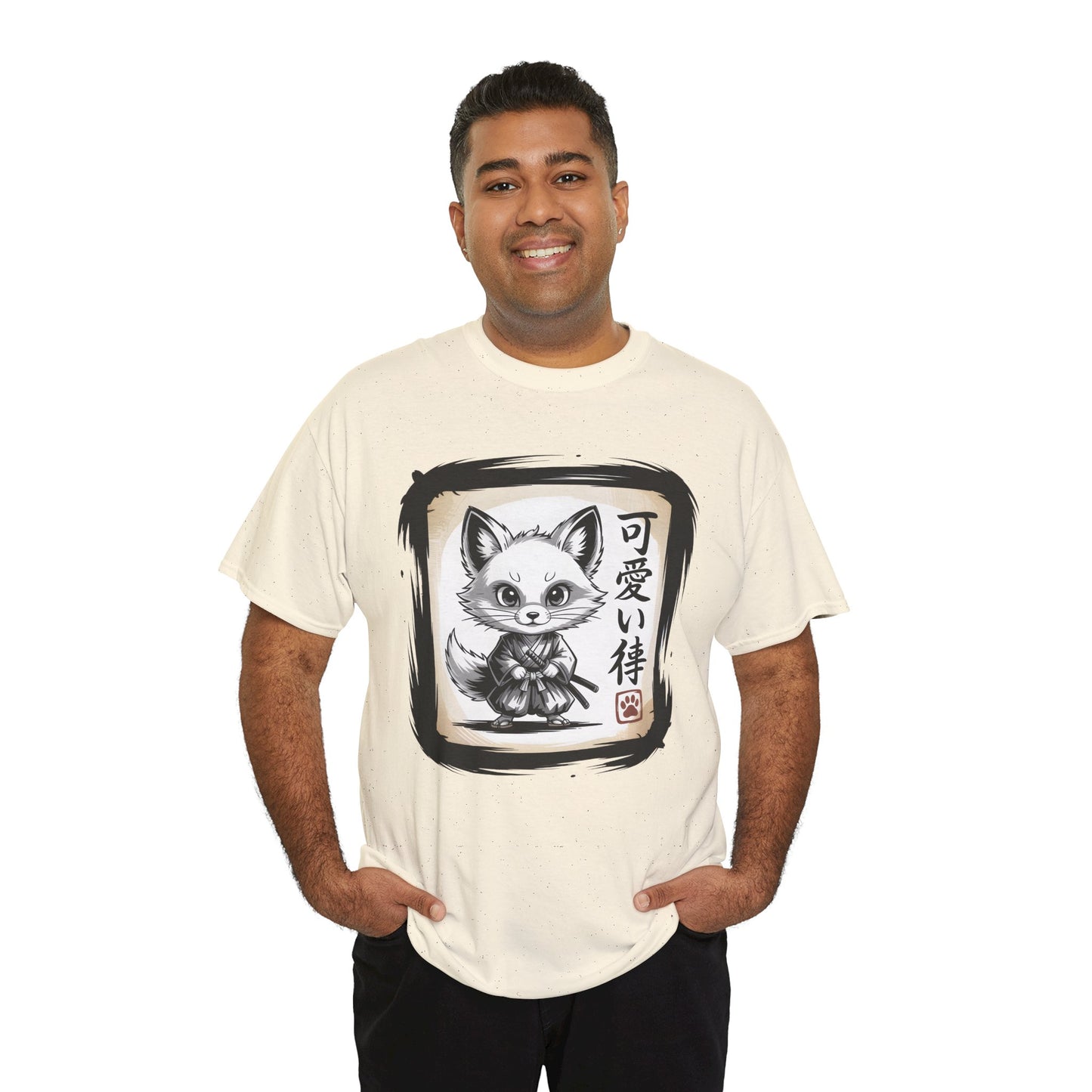 Fox Spirit Tee – Kawaii Fox Samurai with Japanese Calligraphy T-Shirt - 14911