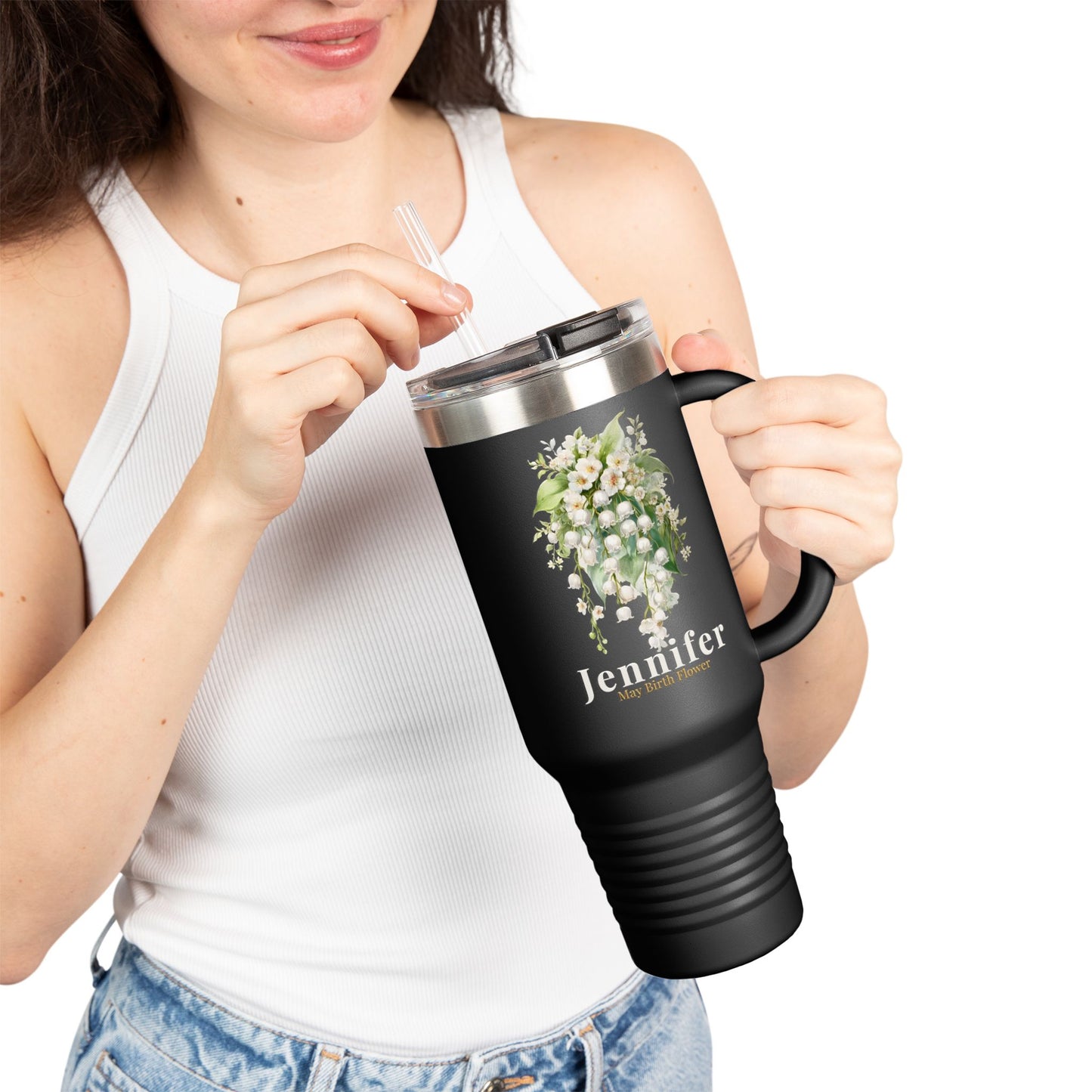 40oz Personalized Travel Mug – May Birth Flower Lily of the Valley Tumbler - 14891