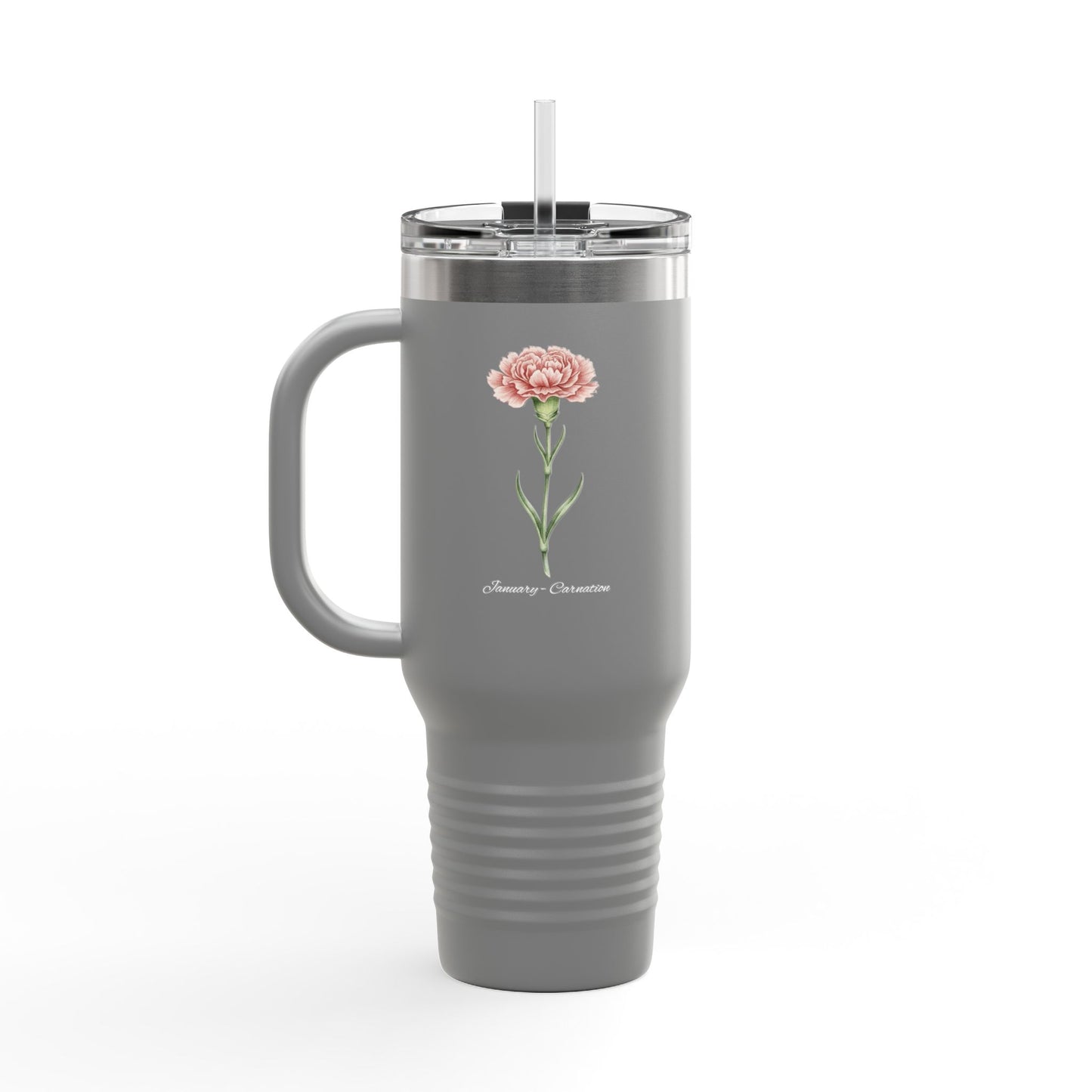 Carnation Floral Tumbler – January Birth Flower Gift | 40oz Insulated Travel Mug, Customizable — 14667