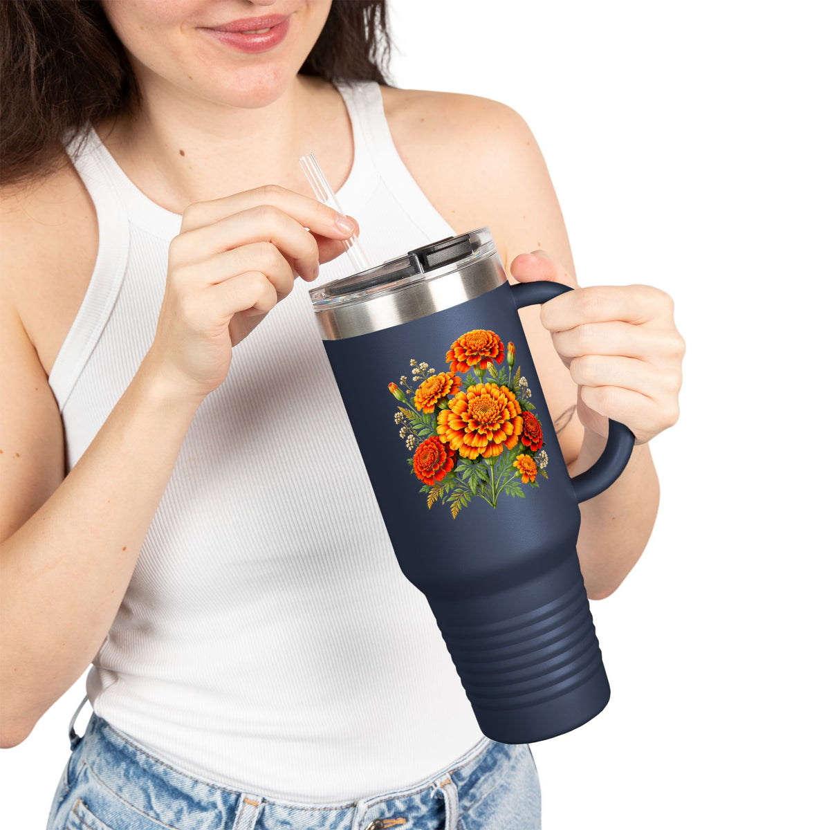 Personalized 40oz Marigold Travel Mug, October Birth Flower Tumbler - 14986