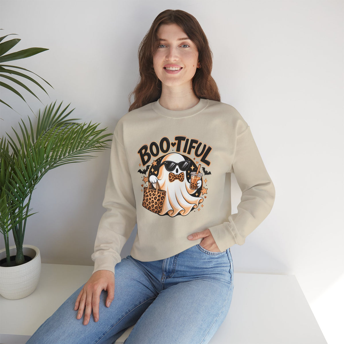 Boo-tiful Halloween Ghost Sweatshirt,  Leopard Print Crewneck - 14523