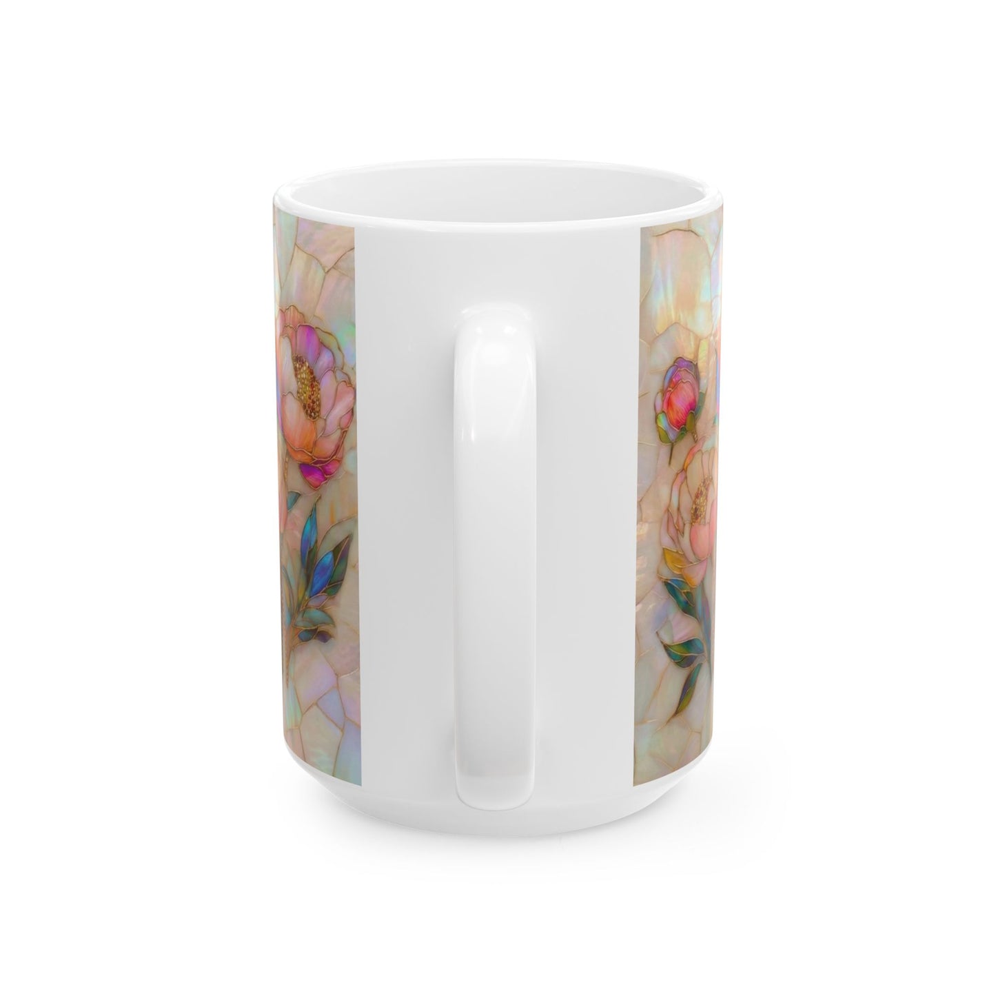 Floral Mosaic Ceramic Mug — Iridescent Peony Stained-Glass Design (11oz & 15oz) - 14518