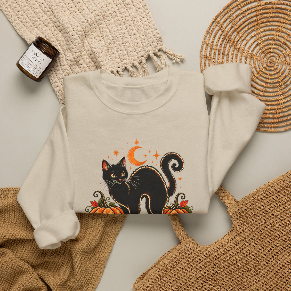 Halloween Black Cat & Pumpkins Sweatshirt, Vintage Autumn Crewneck - 14521