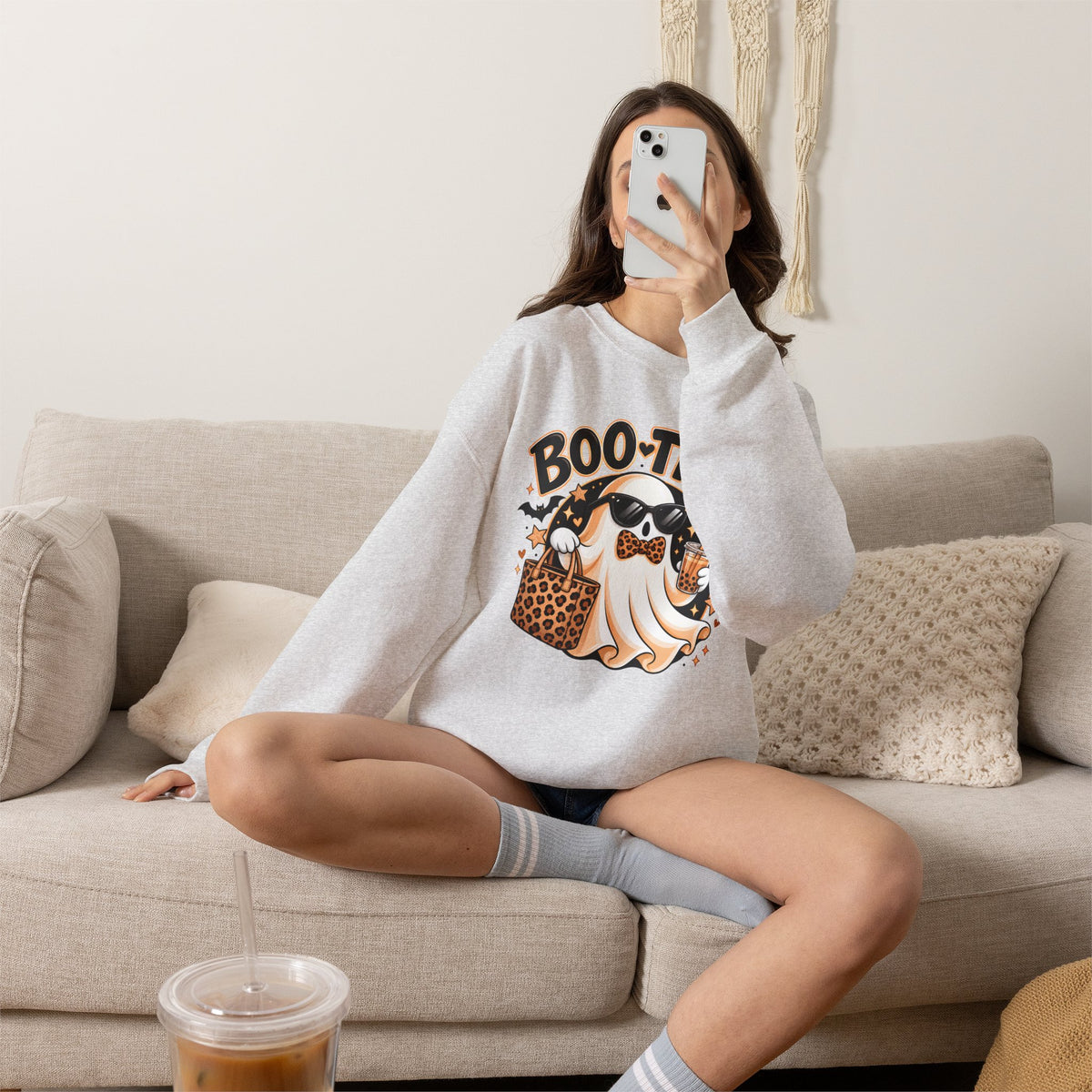 Boo-tiful Halloween Ghost Sweatshirt,  Leopard Print Crewneck - 14523