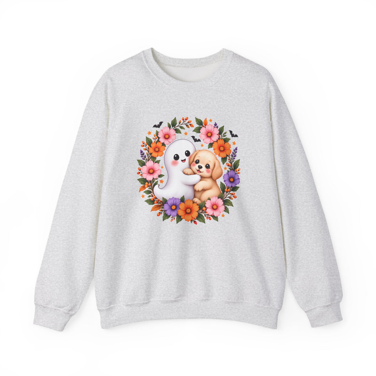 Cute Ghost & Puppy Halloween Sweatshirt,  Floral Crewneck - 14515