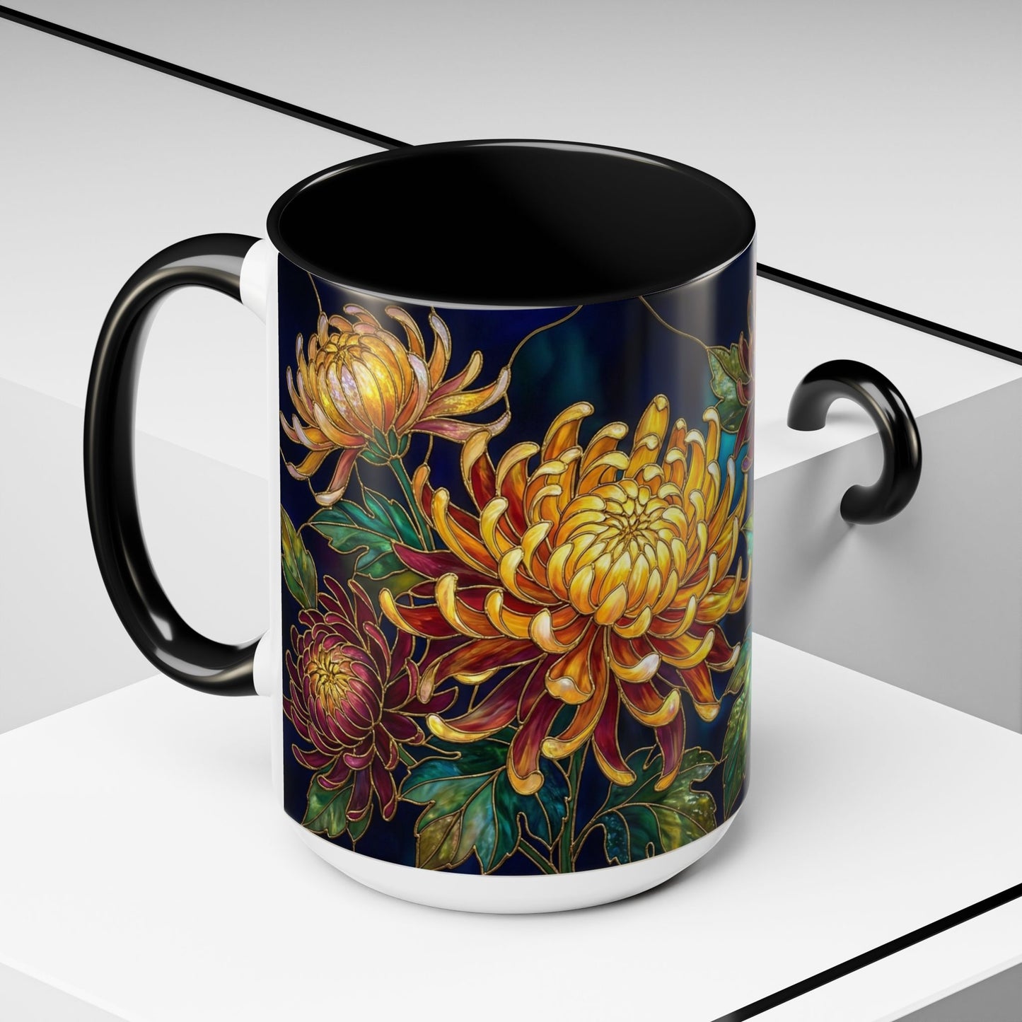 Chrysanthemum Floral Accent Coffee Mug — Stained Glass Design (11/15oz) - 14541