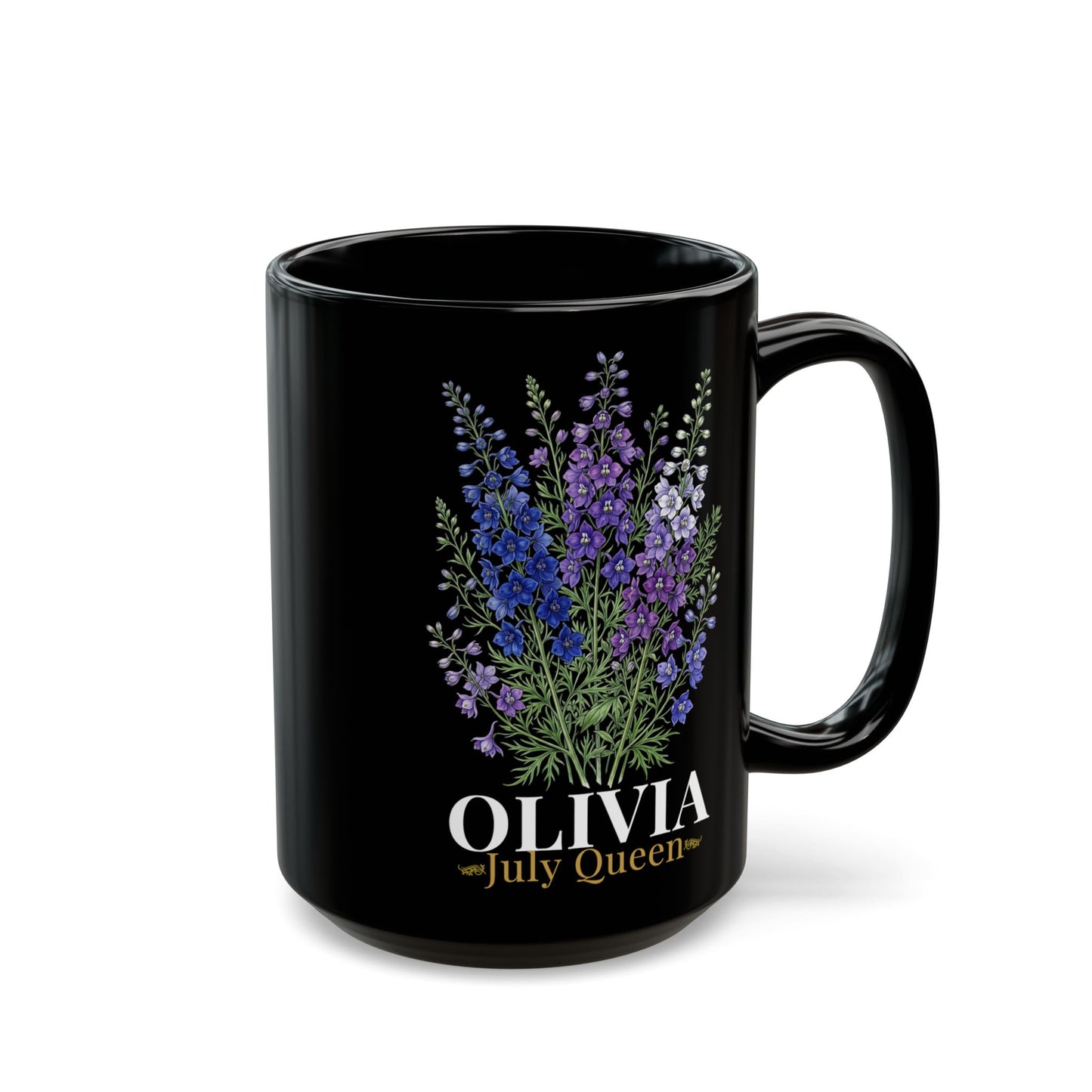 Personalized July Birth Flower Mug – Custom Name Larkspur Floral Coffee Cup, July Queen Gift for Her, Black Mug 11oz 15oz - 14905