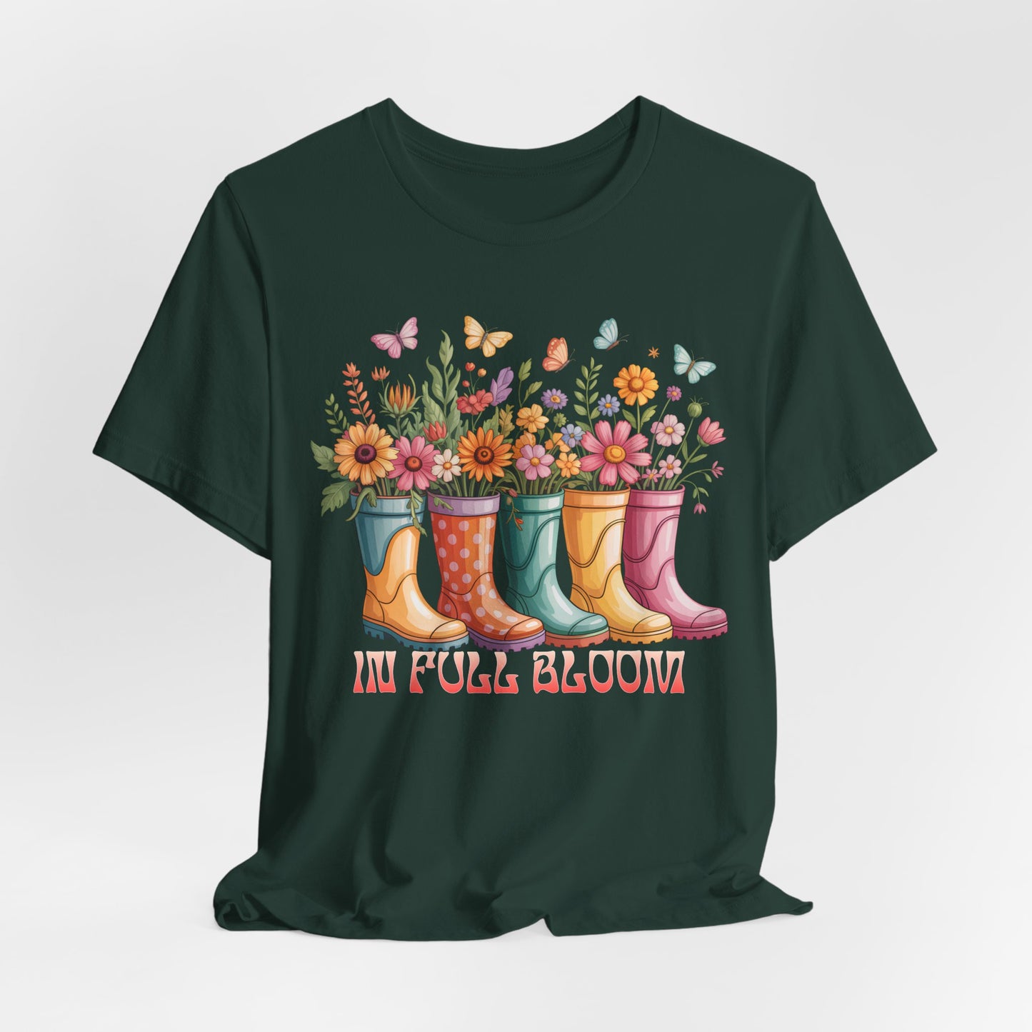In Full Bloom Garden T-Shirt, Colorful Rain Boots & Flowers Graphic Tee - 14971