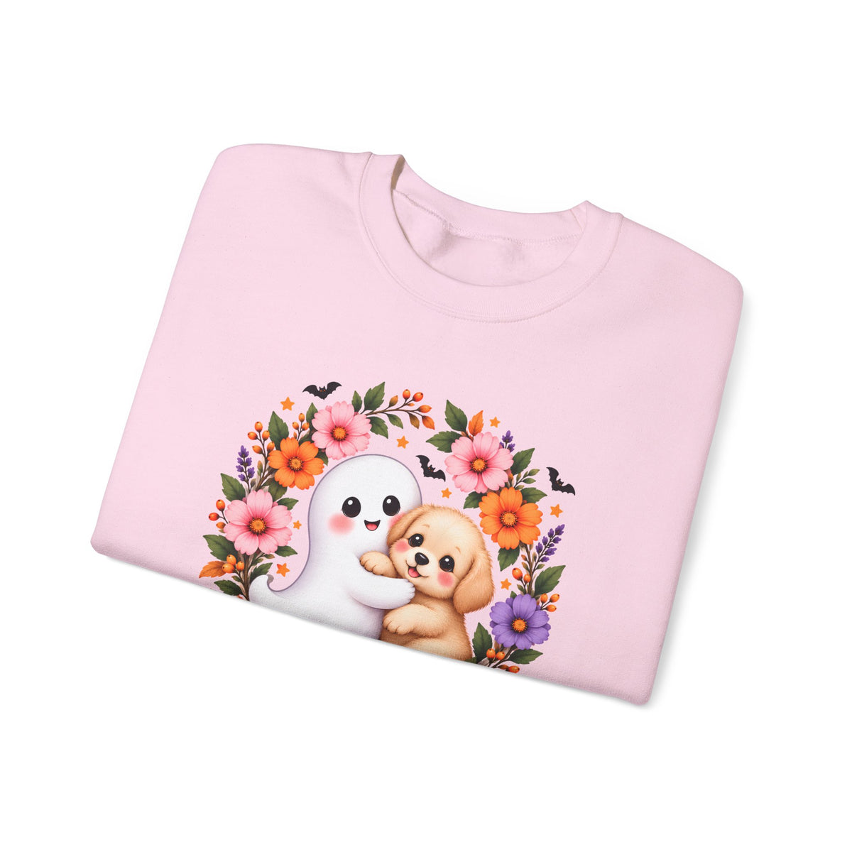 Cute Ghost & Puppy Halloween Sweatshirt,  Floral Crewneck - 14515