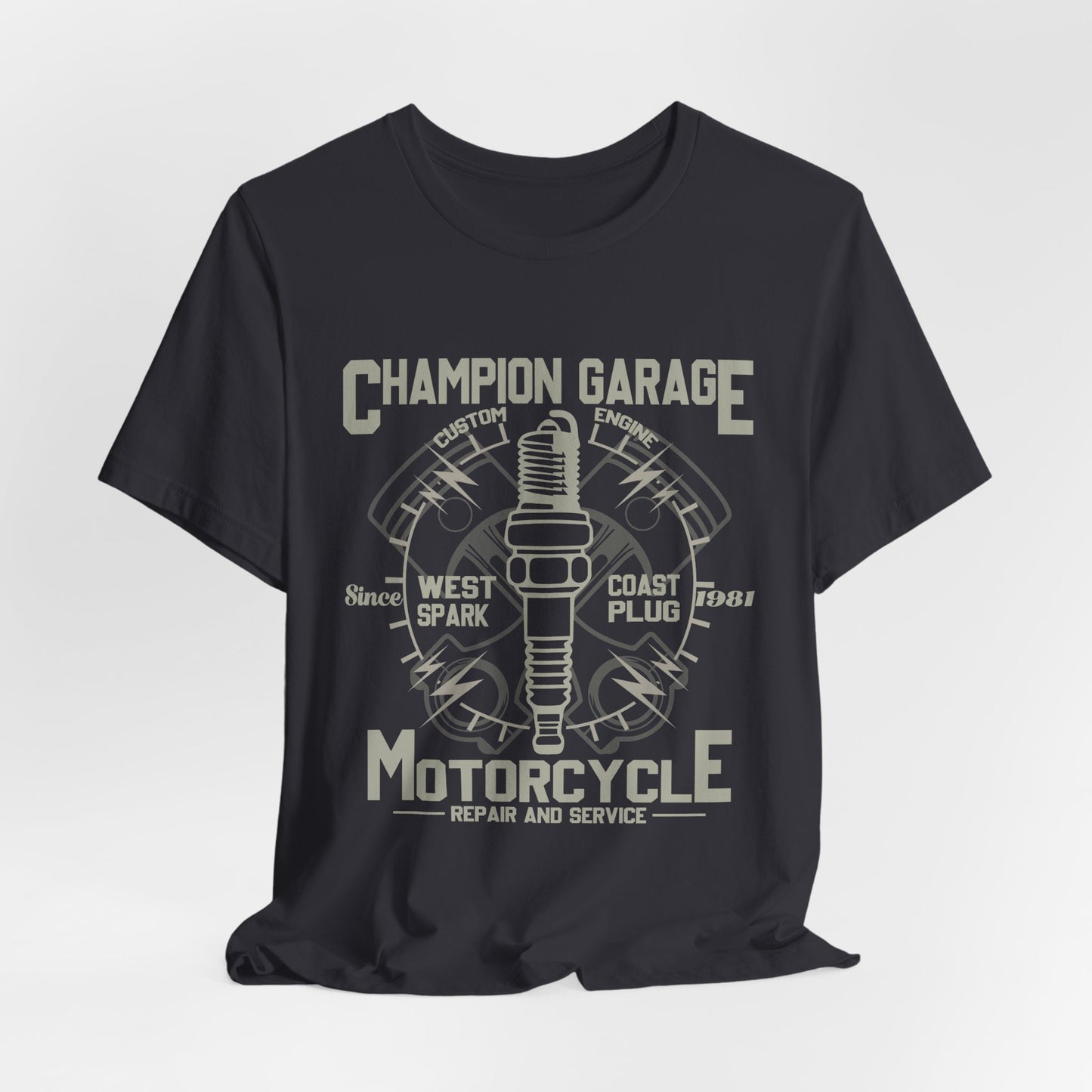 Champion Garage, Motorcycle Repair & Service - Unisex Jersey Short Sleeve Tee - 13371