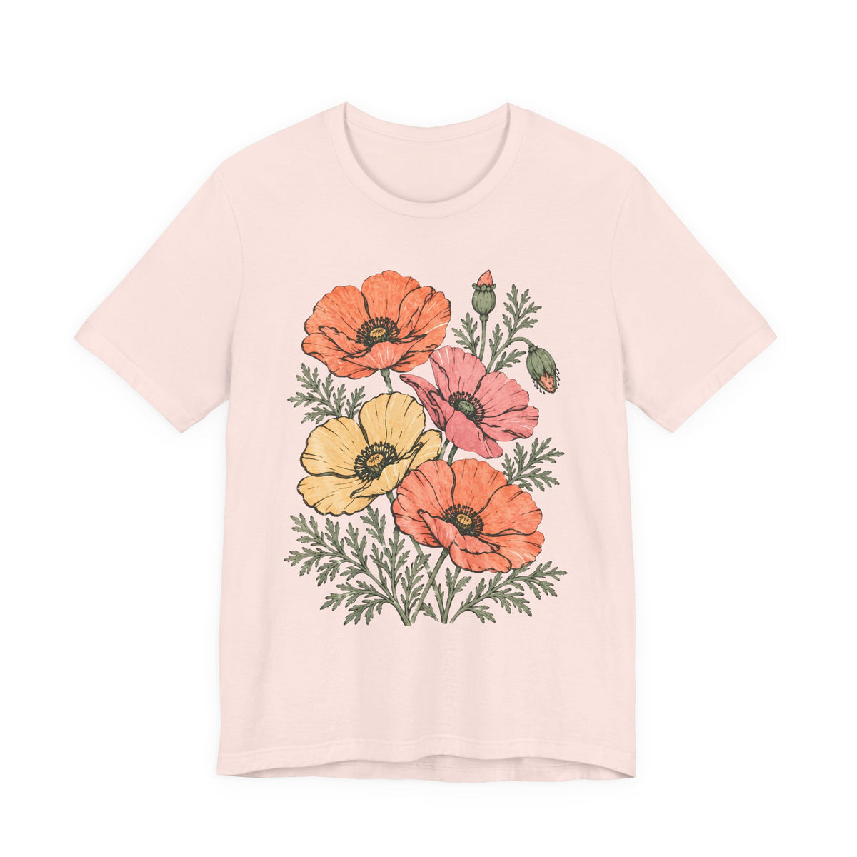 Floral Poppies T-Shirt, Vintage Wildflower Graphic Tee - 14988