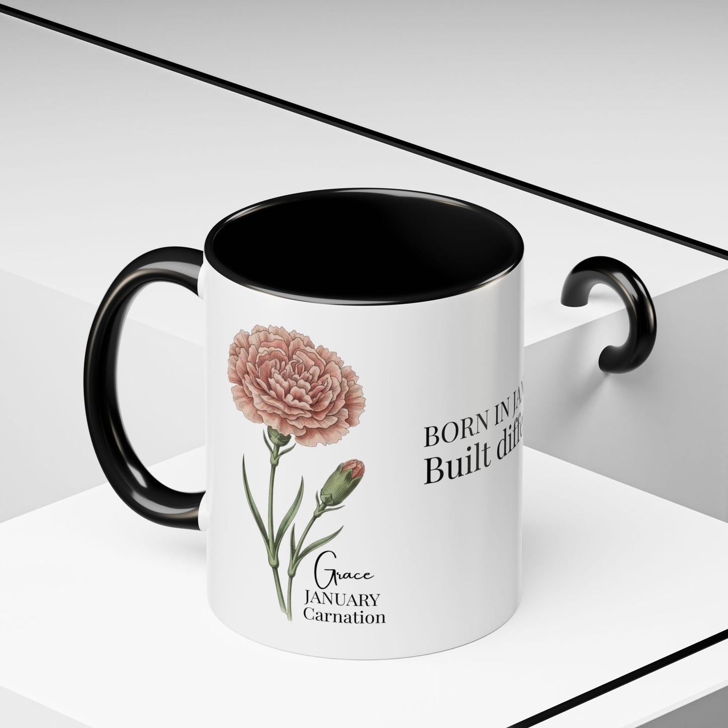 January Carnation Birth Flower Accent Coffee Mug – Customizable (11oz / 15oz) - 14671