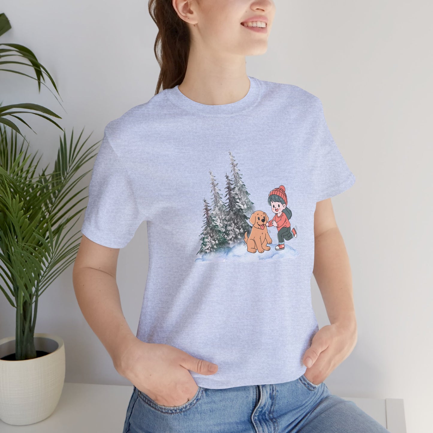 Winter Trees, Girl & Puppy - Unisex Jersey Short Sleeve Tee - 10279