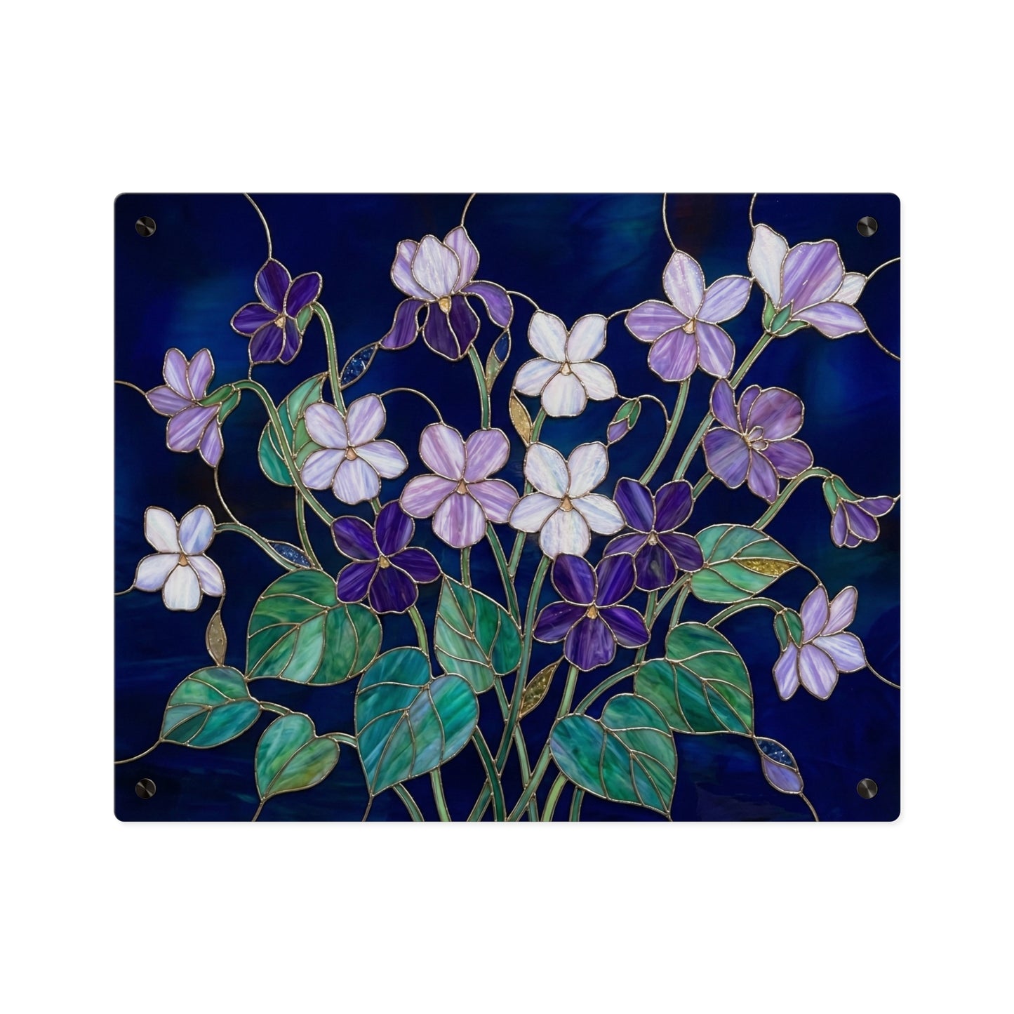 Violet Floral Acrylic Wall Art Panel — Purple Violets on Deep Blue - 14600