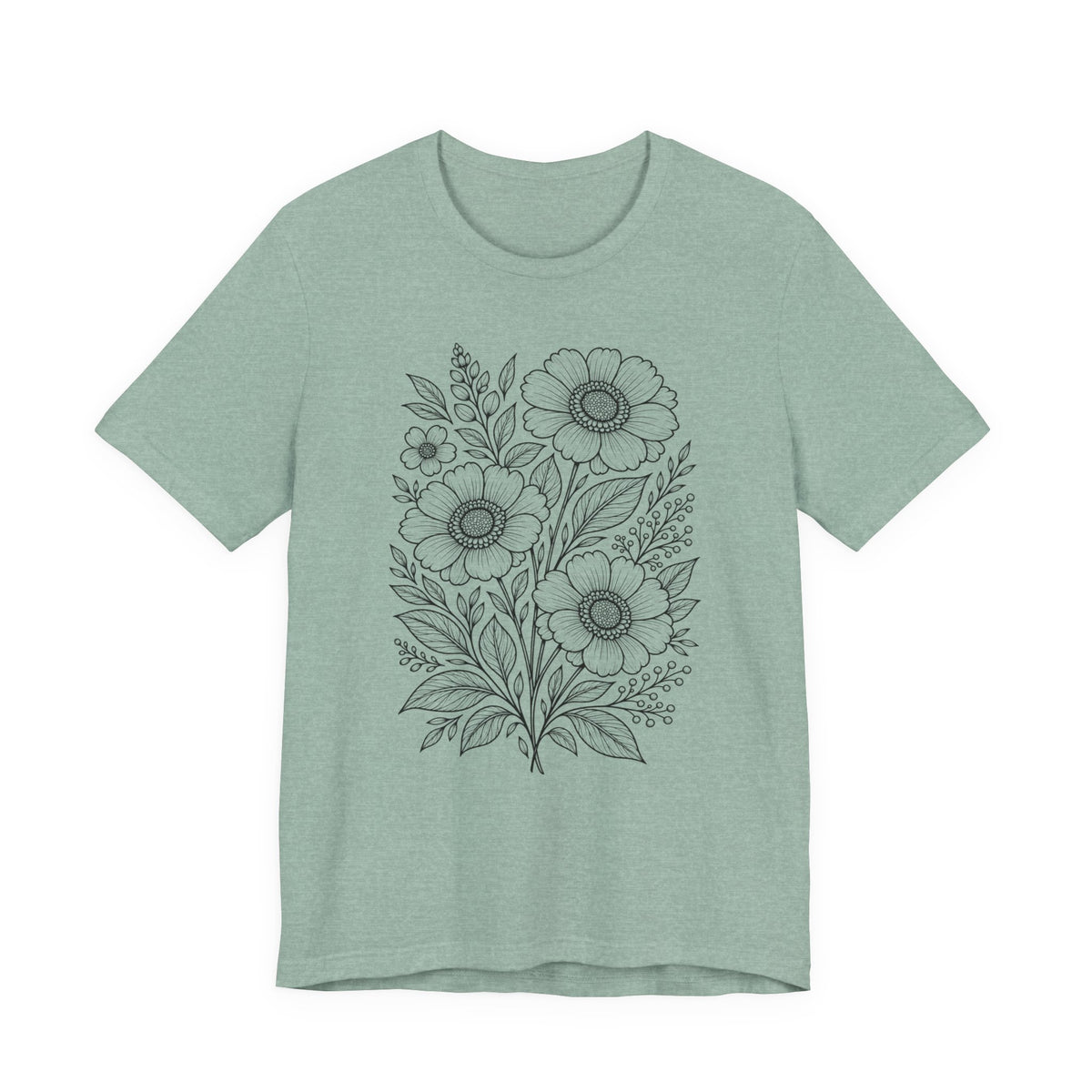 Vintage Floral Line Art T-Shirt, Botanical Wildflower Tee - 14561