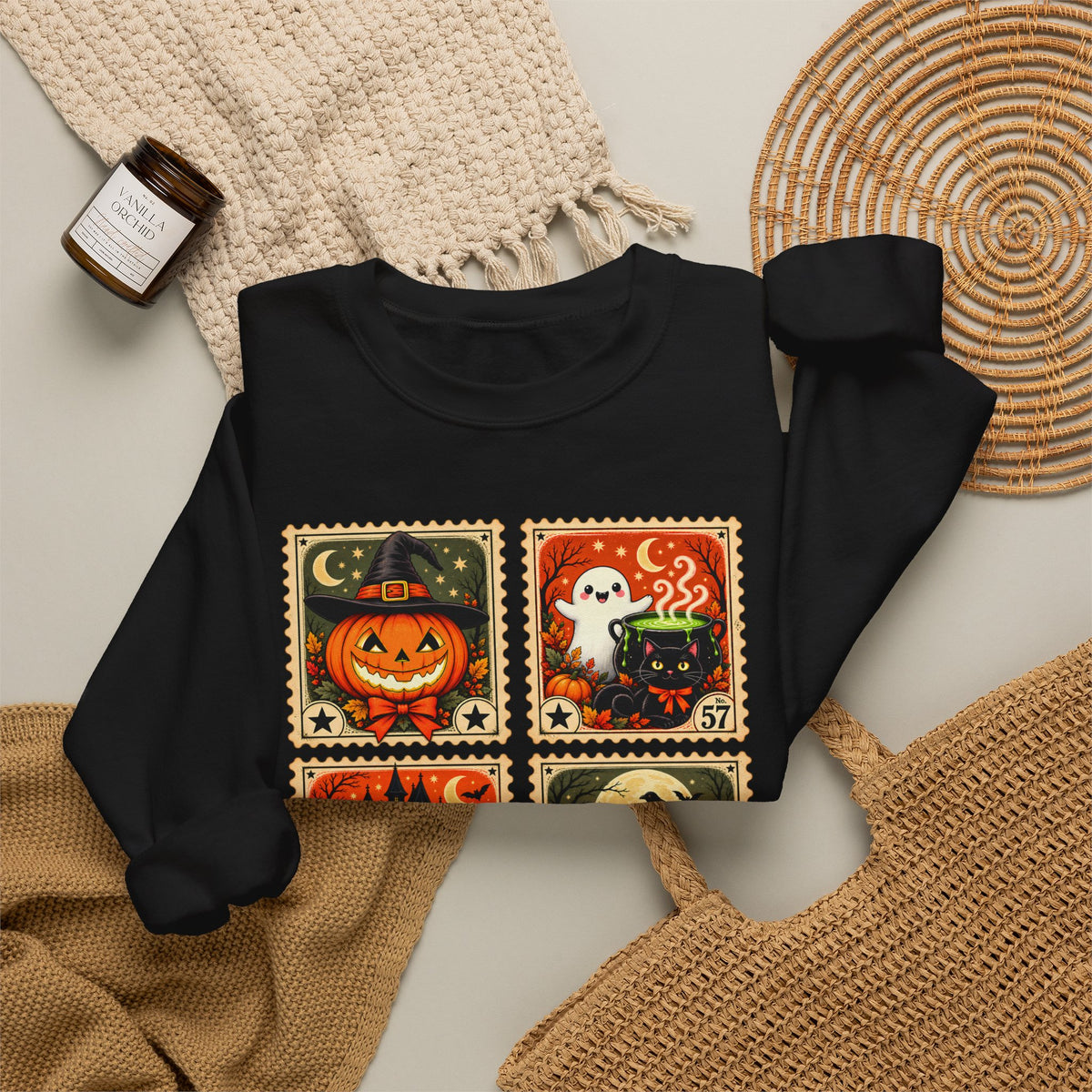 Vintage Halloween Stamp Sweatshirt, Spooky Pumpkin & Ghost Crewneck - 14510