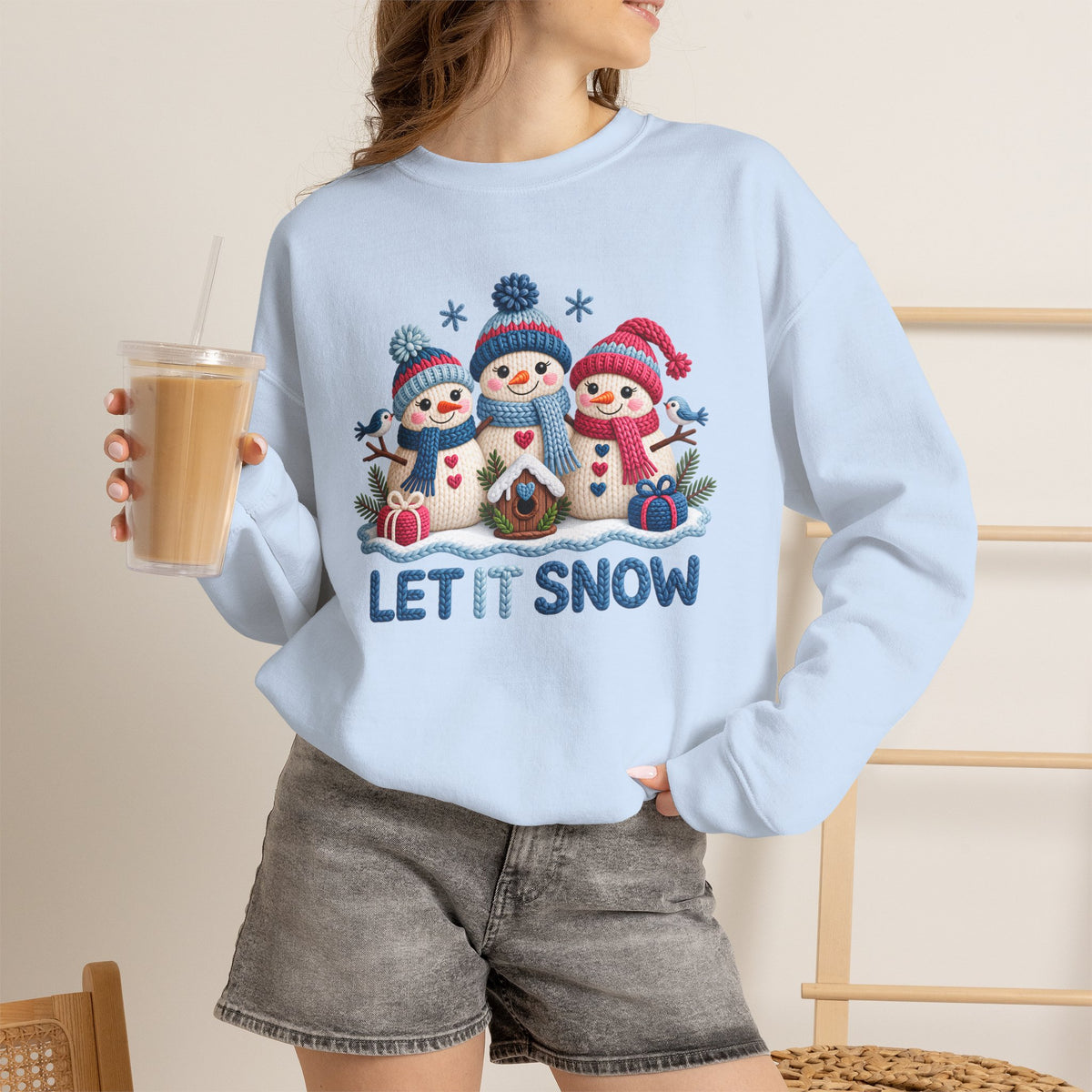 Let It Snow Sweatshirt, Cute Knitted Snowmen Christmas Crewneck - 14570