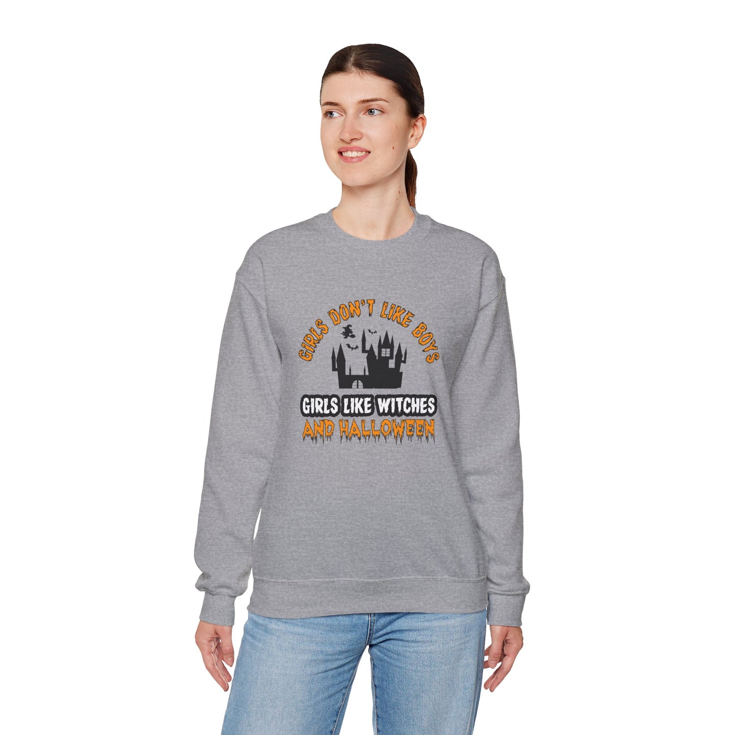 Girls Don't Like Boys. Girls Like Witches and Halloween - Unisex Heavy Blend™ Crewneck Sweatshirt - 12316