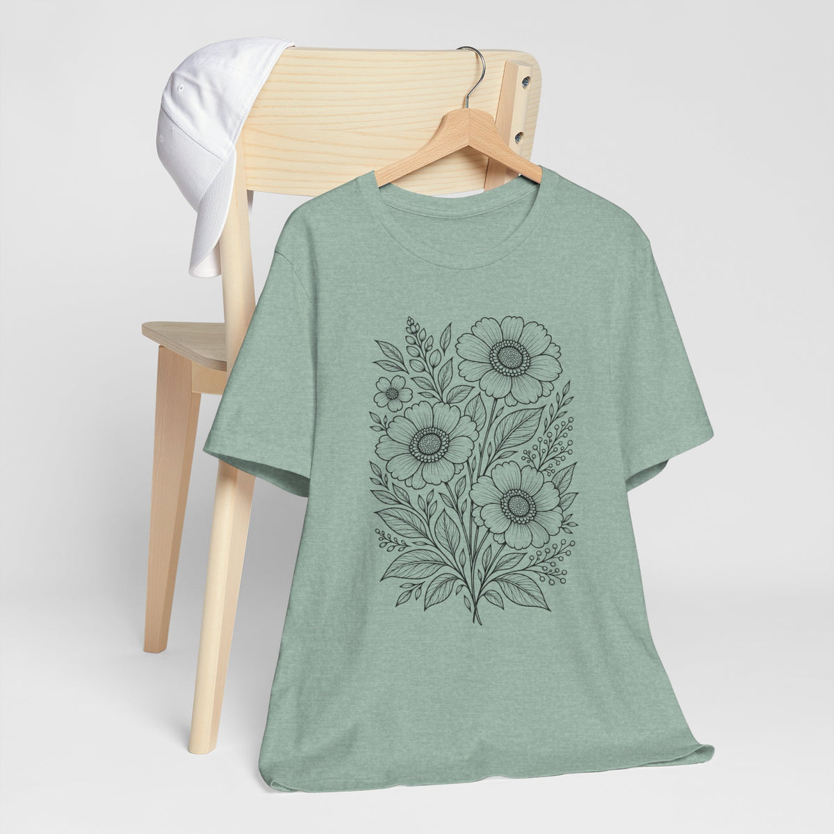 Vintage Floral Line Art T-Shirt, Botanical Wildflower Tee - 14561