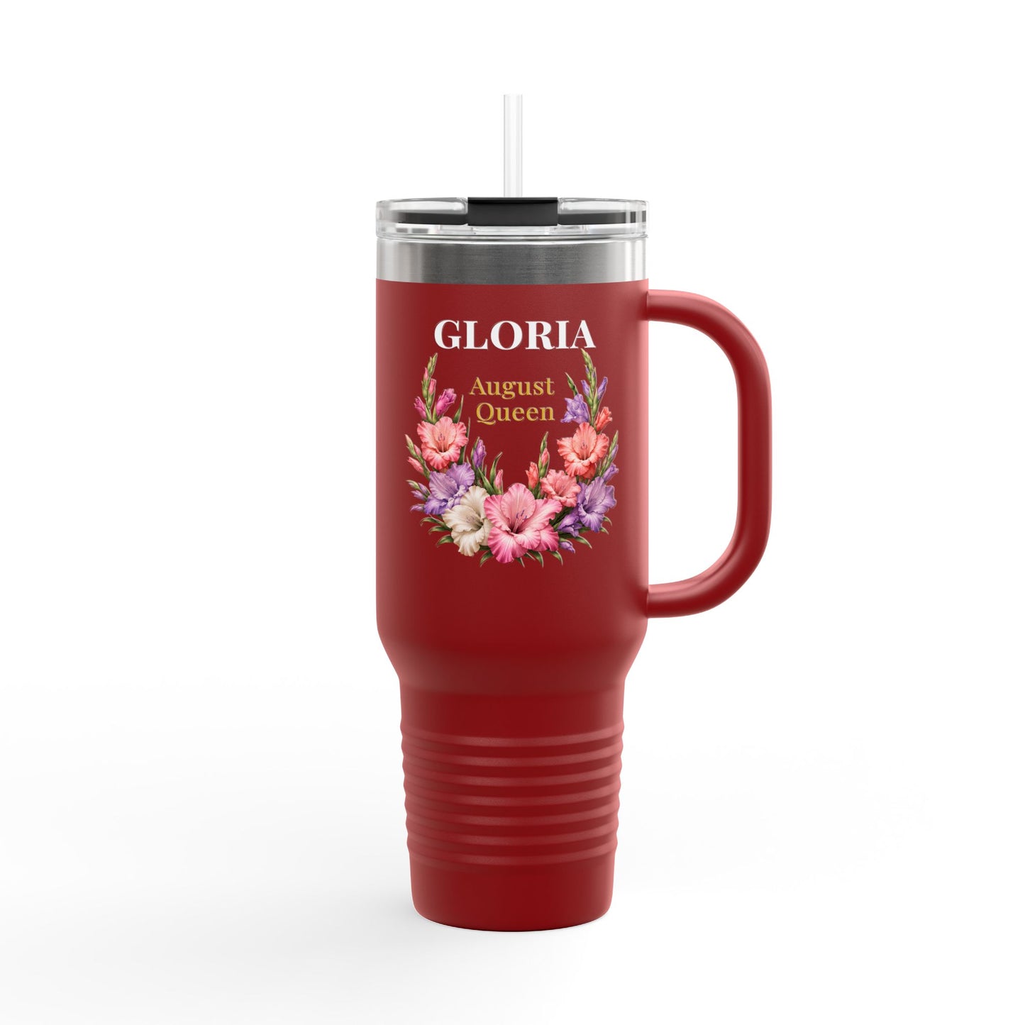 Personalized August Queen 40oz Insulated Travel Mug – Custom Name Floral Birthday Tumbler - 14917
