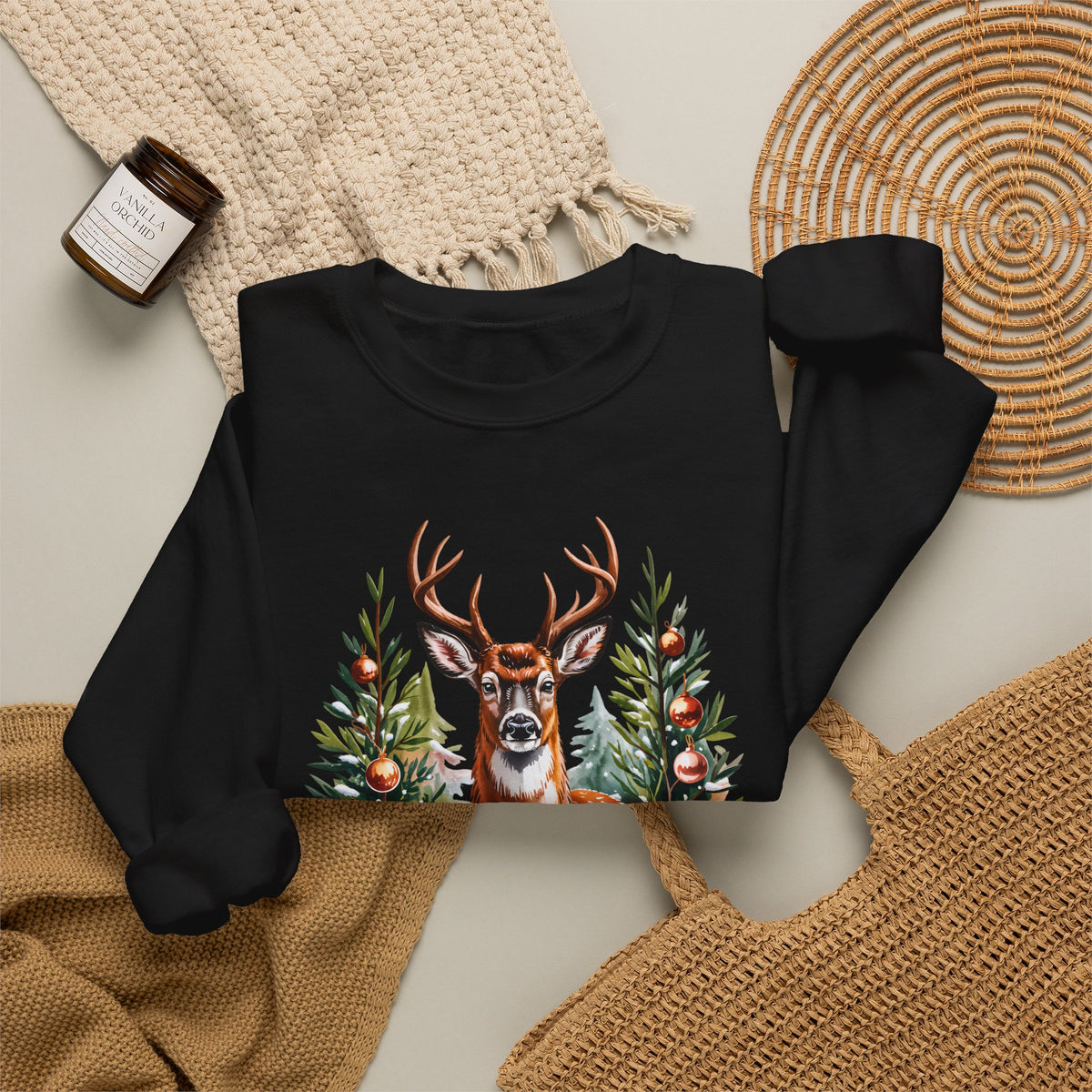 Christmas Deer Sweatshirt, Vintage Woodland Holiday Crewneck - 14562