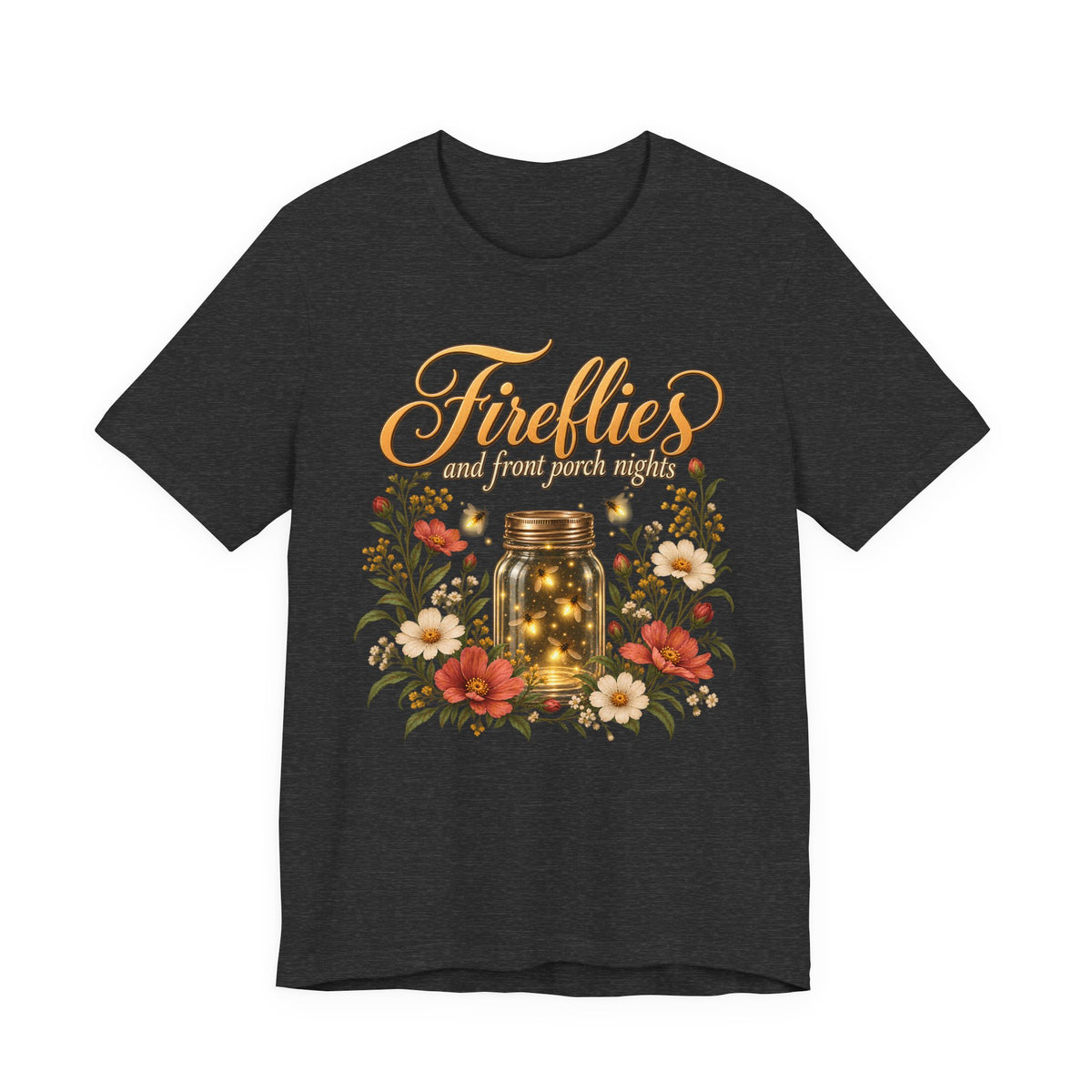 Fireflies and Front Porch Nights T-Shirt, Vintage Floral Mason Jar Tee - 14567