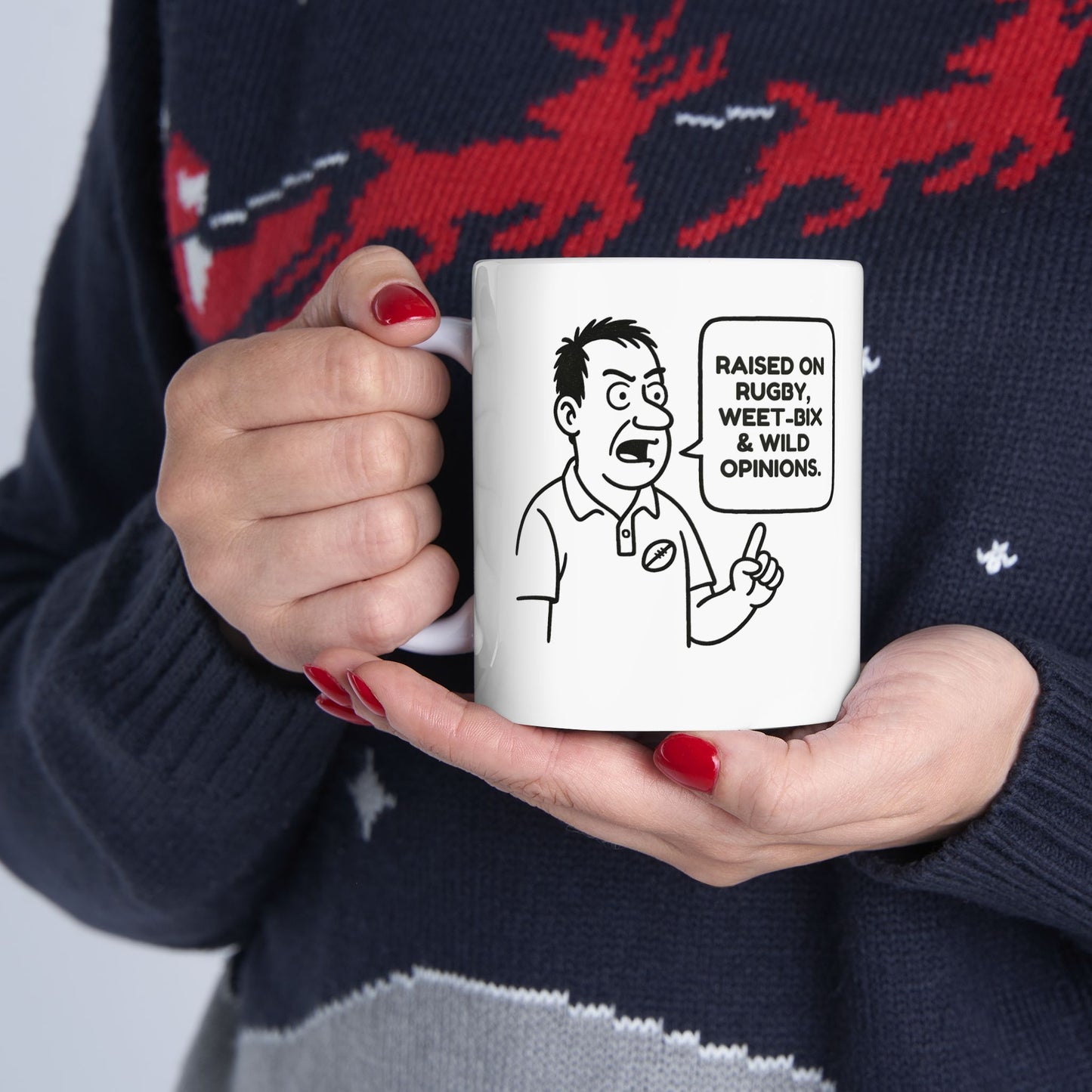 “Raised on rugby, Weet-Bix & wild opinions.”  (A Kiwi upbringing in one sentence.) Ceramic Mug, 11oz or 15oz - 13949
