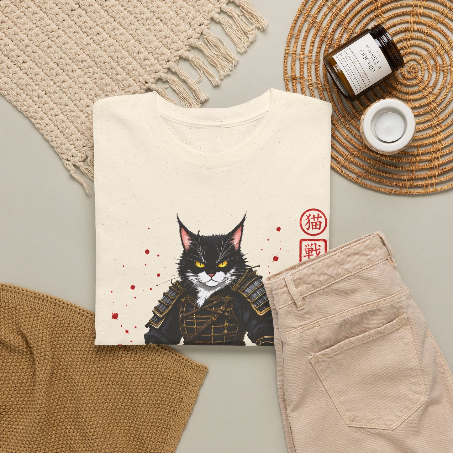 Samurai Cat T-Shirt – Japanese Warrior Cat Graphic Tee, Anime Samurai Cat Shirt, Japanese Streetwear Gift - 14913