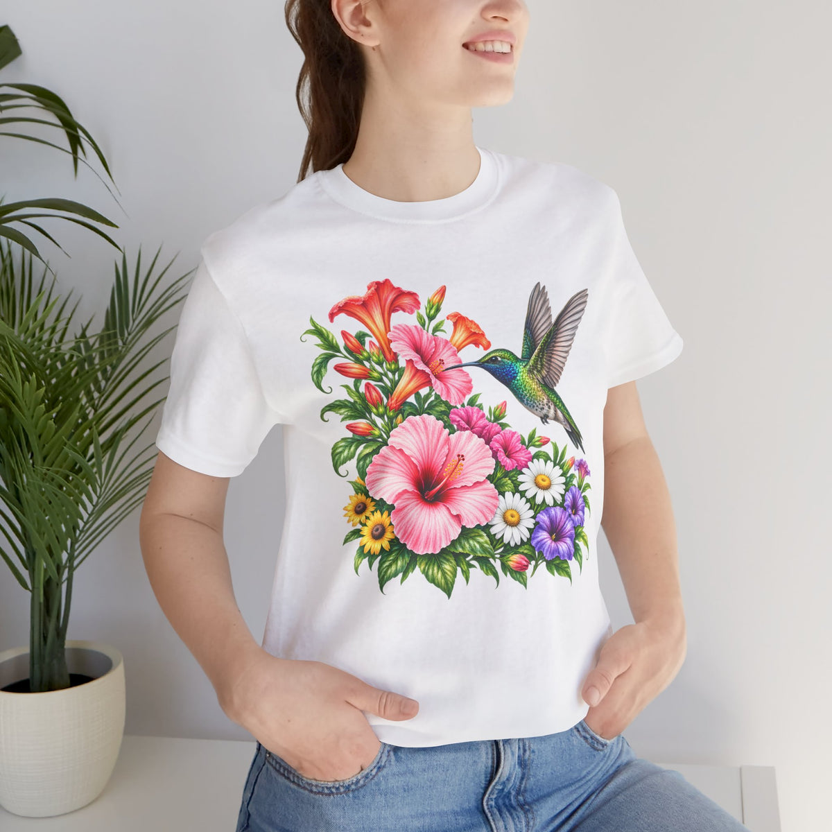 Hummingbird & Hibiscus T-Shirt, Colorful Tropical Floral Garden Tee - 14542