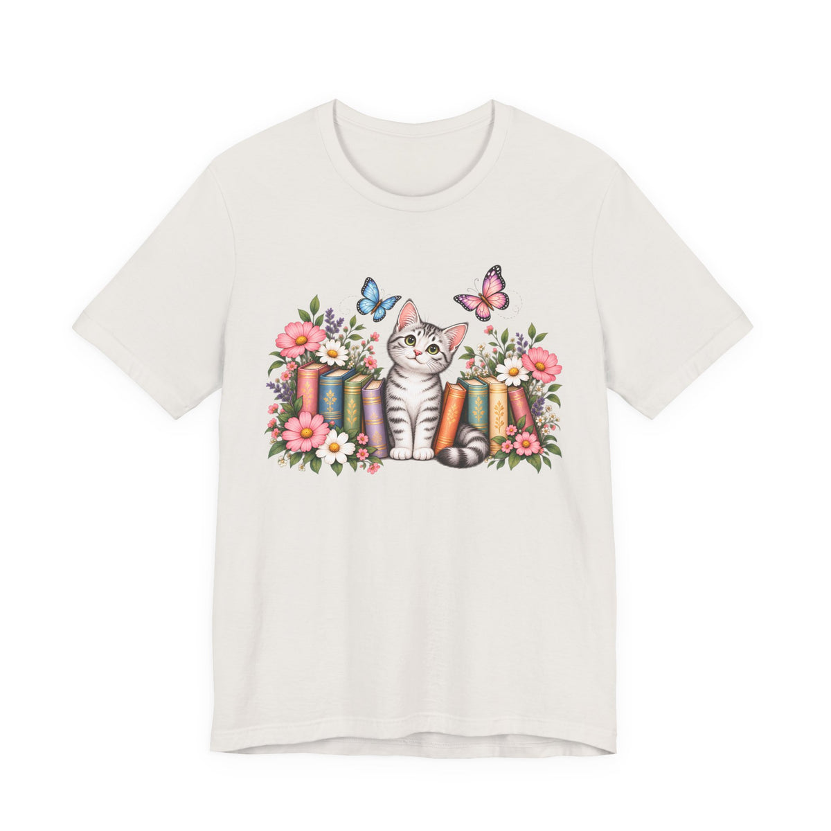 Cat & Books T-Shirt, Cute Floral Kitten & Butterfly Tee - 14526
