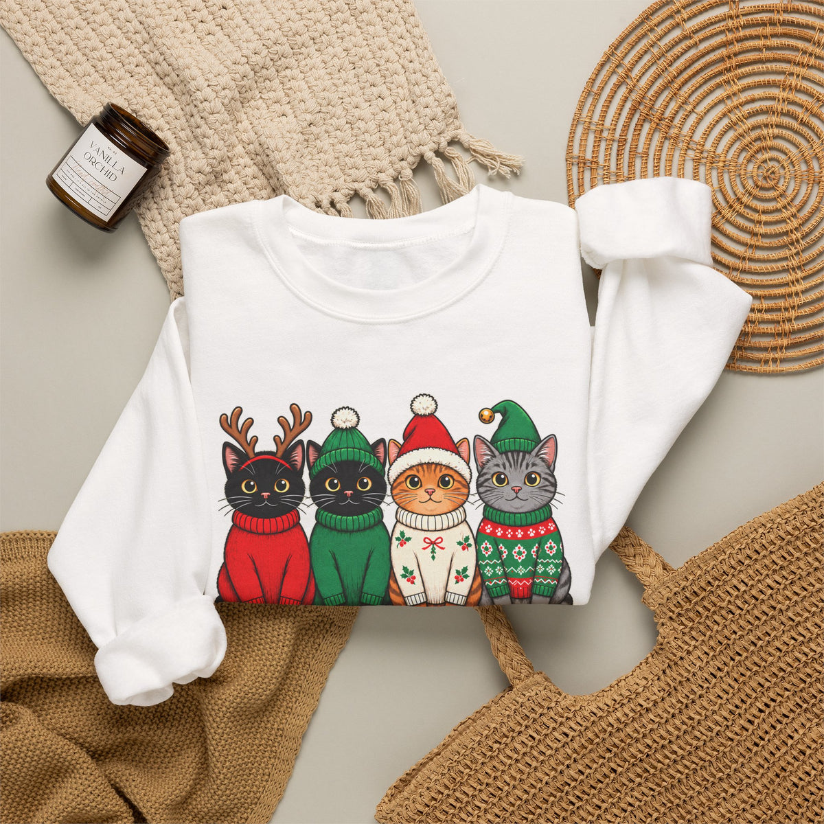 Feline Festive Sweatshirt, Cute Christmas Cats Crewneck - 14564