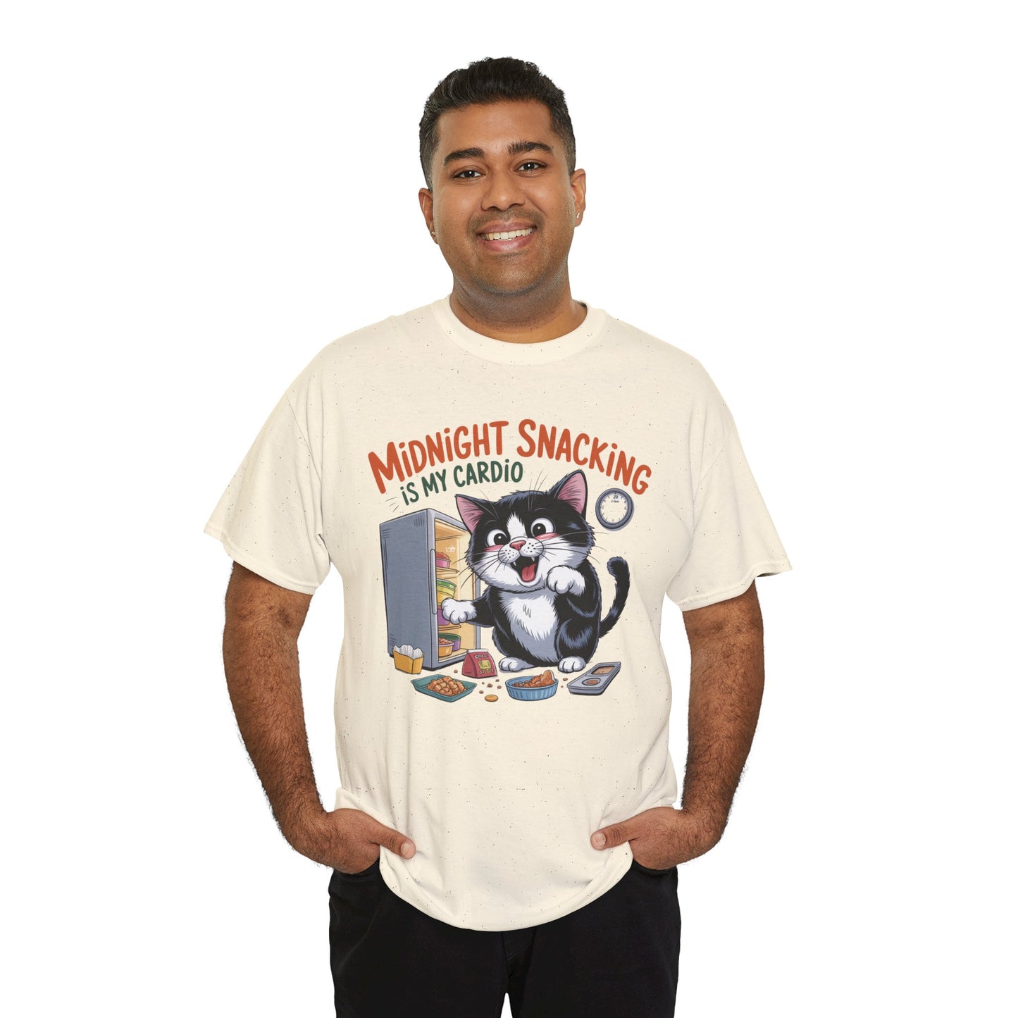 Midnight Snacking Is My Cardio T-Shirt — Funny Cat Graphic Tee, Cute Food Lover Gift - 14865
