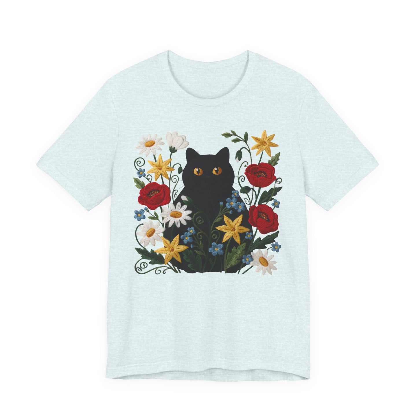 Black Cat in Wildflowers T-Shirt — Floral Cat Tee for Cat Lovers - 14921