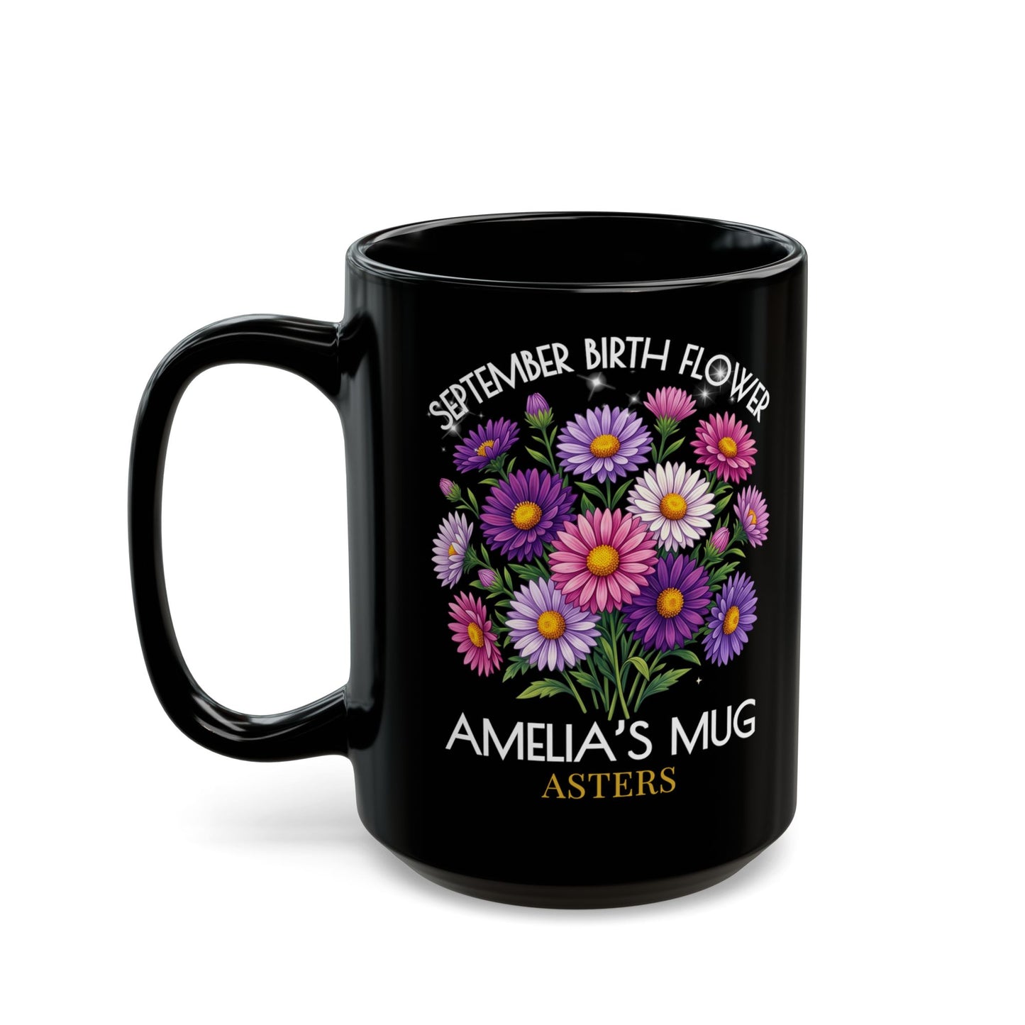 Personalized September Birth Flower Mug — Custom Name Aster Black Coffee Cup (11oz/15oz) - 14918